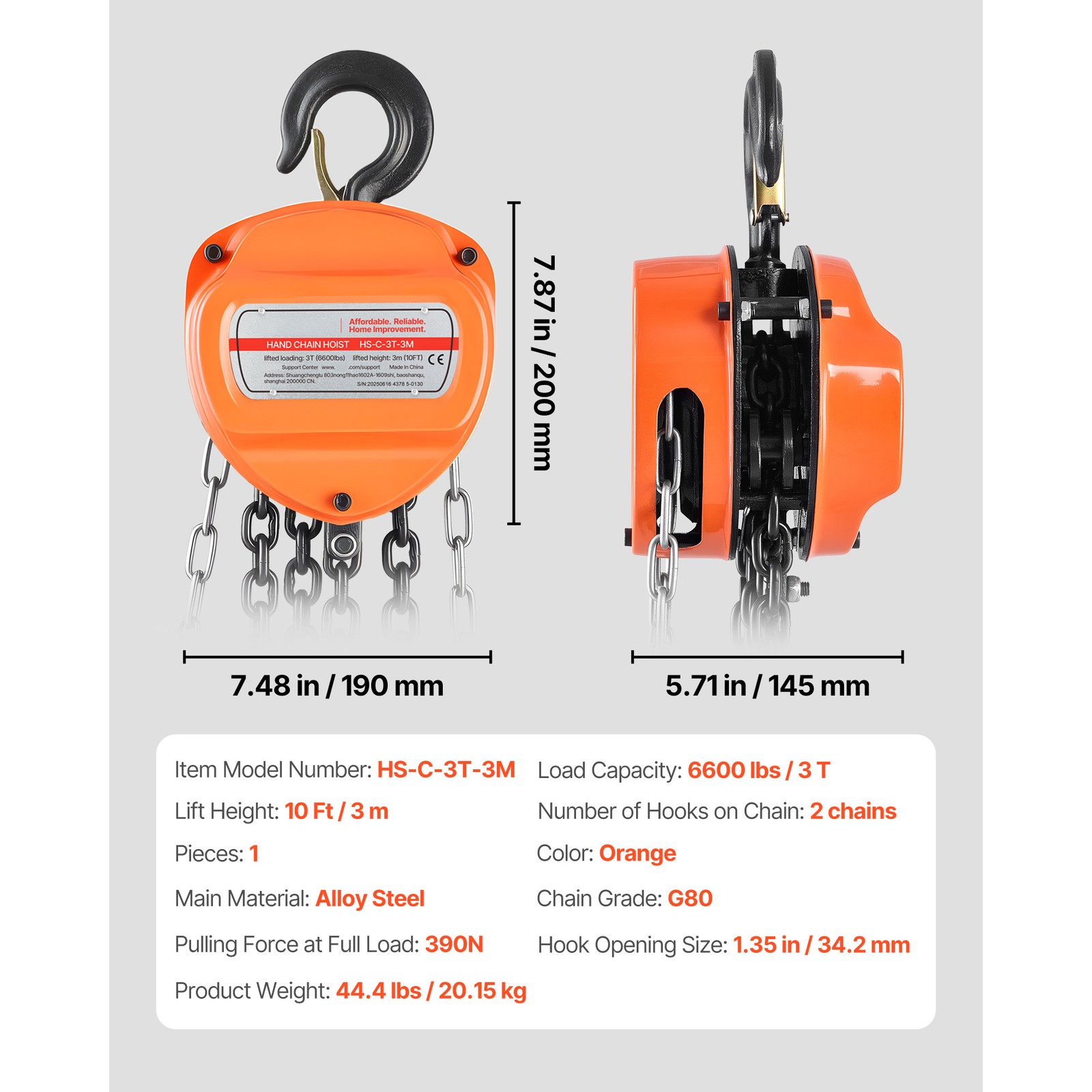 Uimoso Manual Chain Hoist 1100-6600lbs Load w/10/20ft G80 Chain 1T/2T/3T