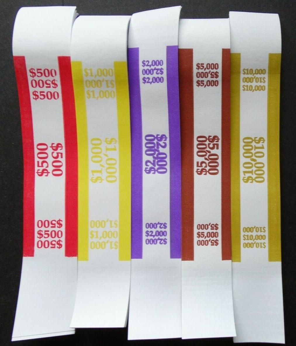 100 Mixed $500 1000 2000 $5000 $10,000 Money Self-Sealing Straps Currency Bands