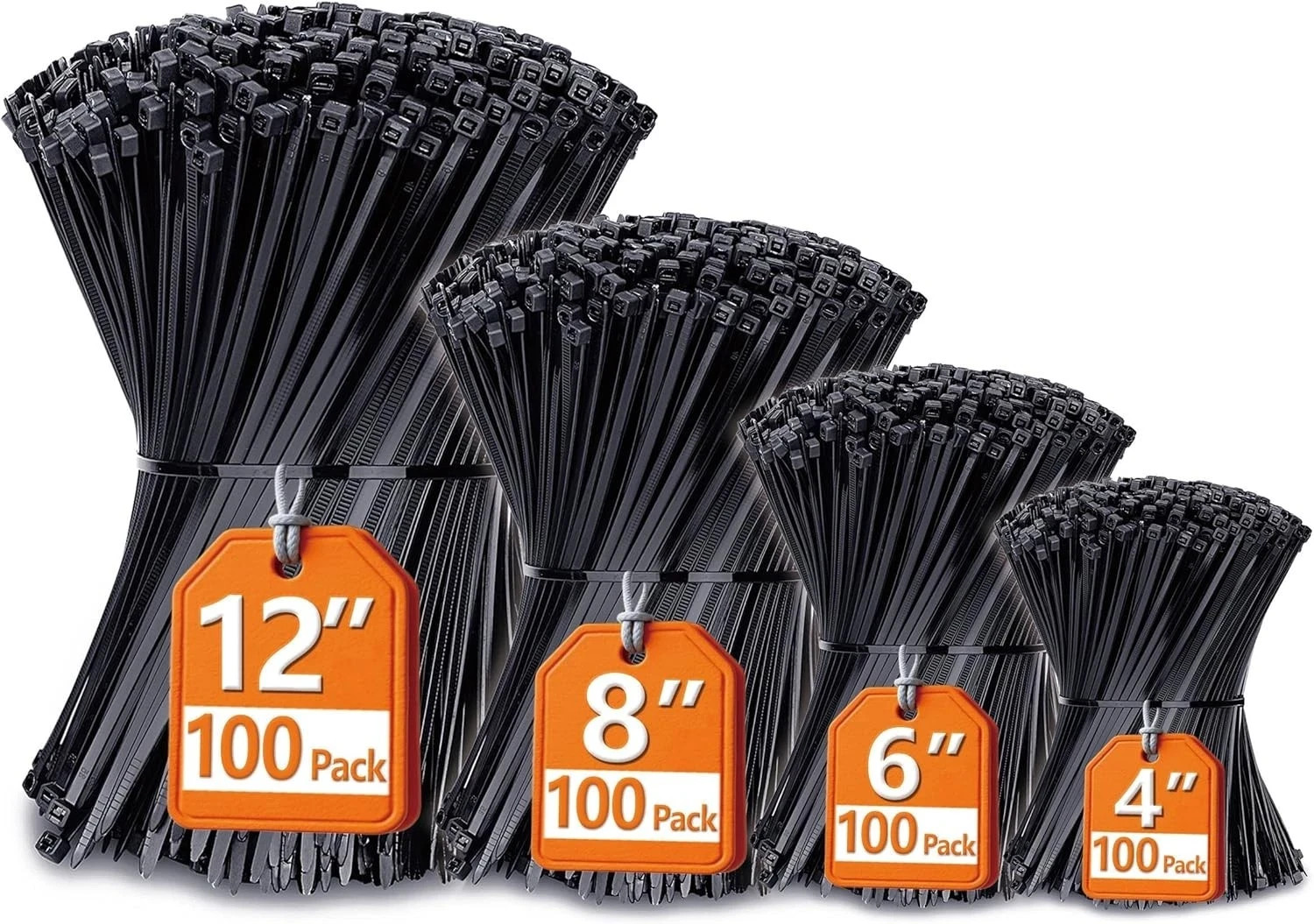 Zip Cable Ties Assorted Sizes(4”+6”+8”+12”) Heavy duty Nylon Black UV Resistant