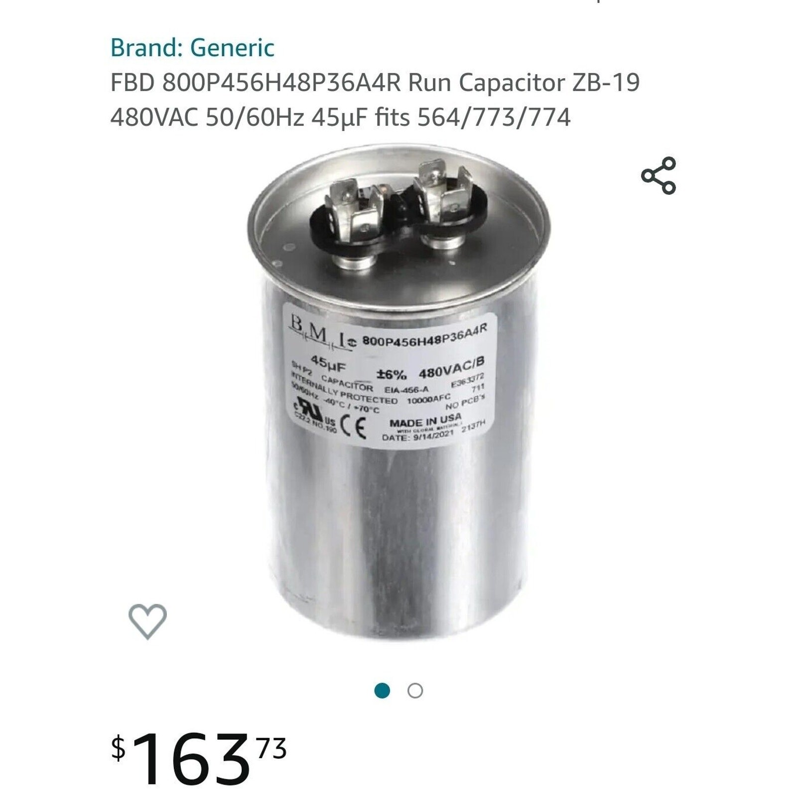 FBD 800P456H48P36A4R Run Capacitor ZB-19 480VAC 50/60Hz 45µF fits 564/773/774