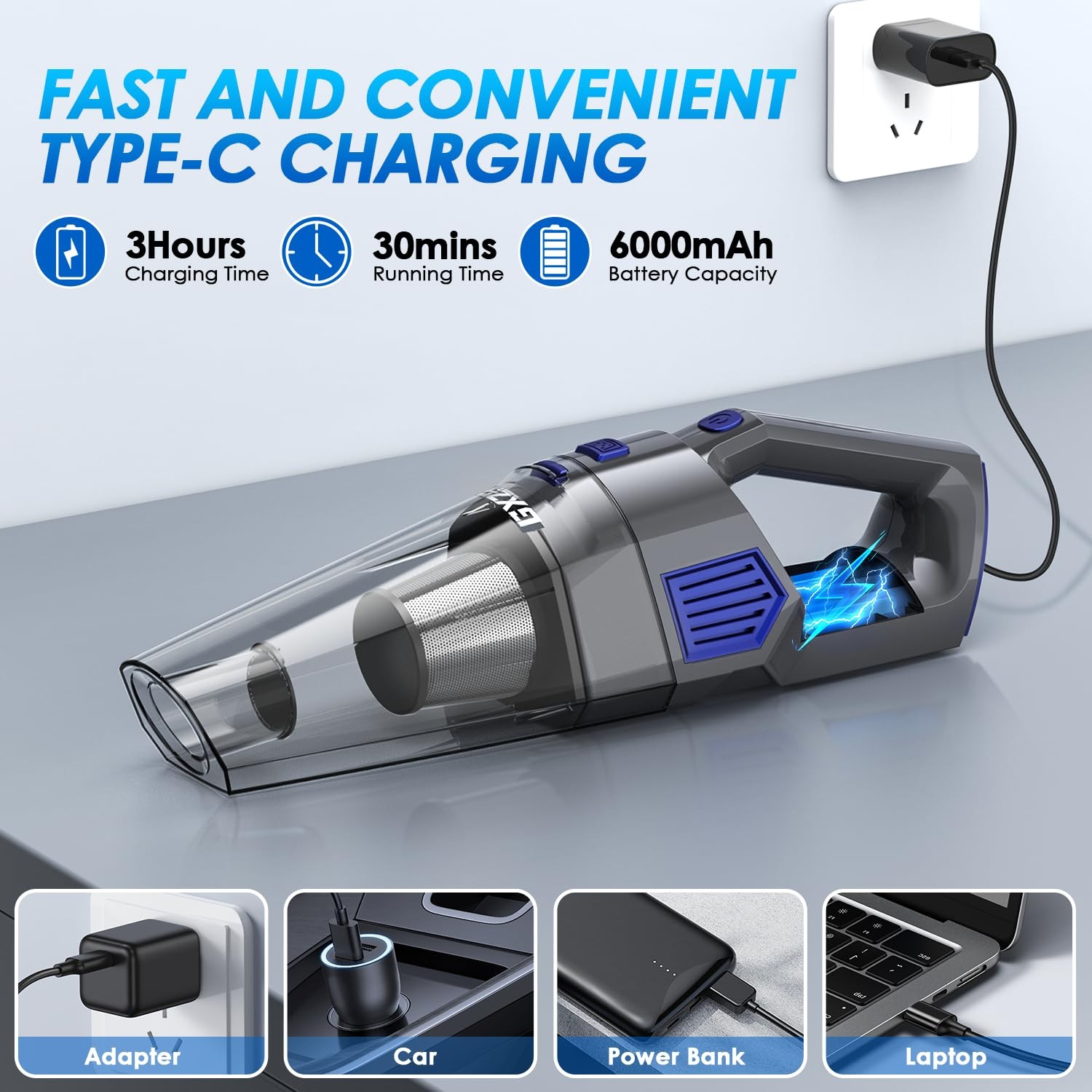 Gxzsk Handheld Vacuum Cordless, 15000PA Strong Suction Hand Gray & Deep Blue