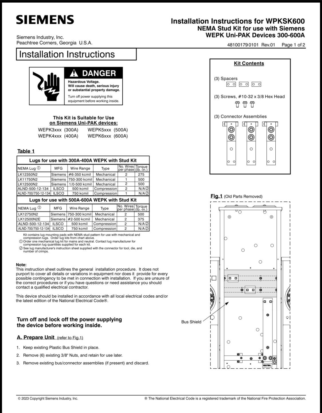 Siemens WPSK600 Uni-PAK Metering System NEMA Stud Kit 600A AC for WEP Series
