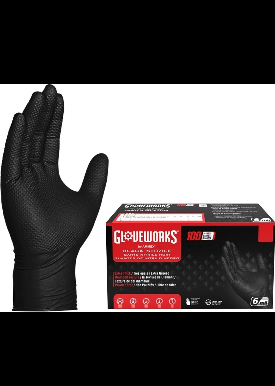 GLOVEWORKS Black Nitrile Gloves – 6 mil Disposable, Large (Pack of 100) Mechanic