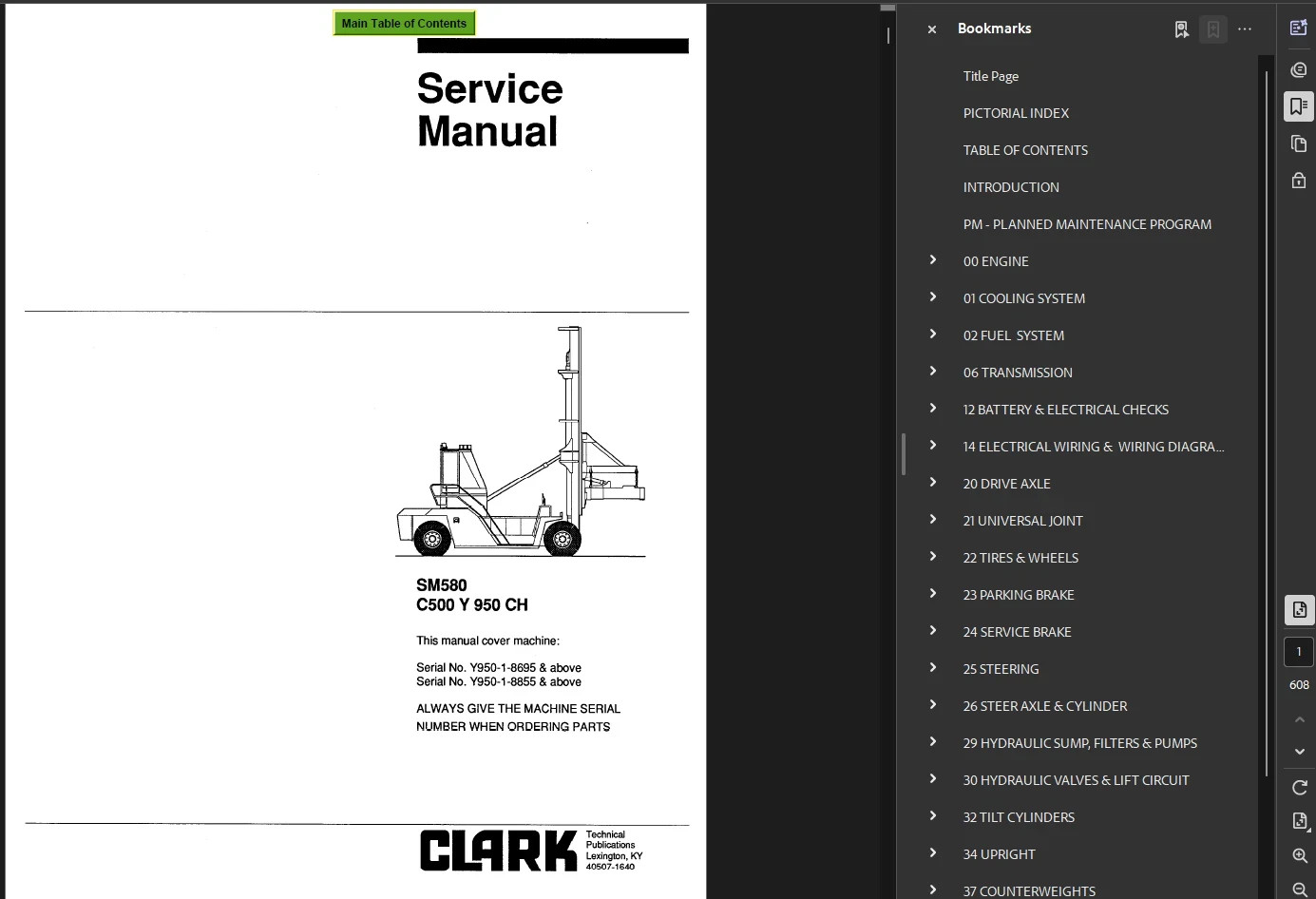 CLARK C500 Y950CH FORKLIFT OPERATORS SERVICE REPAIR SHOP MANUAL PDF ON USB