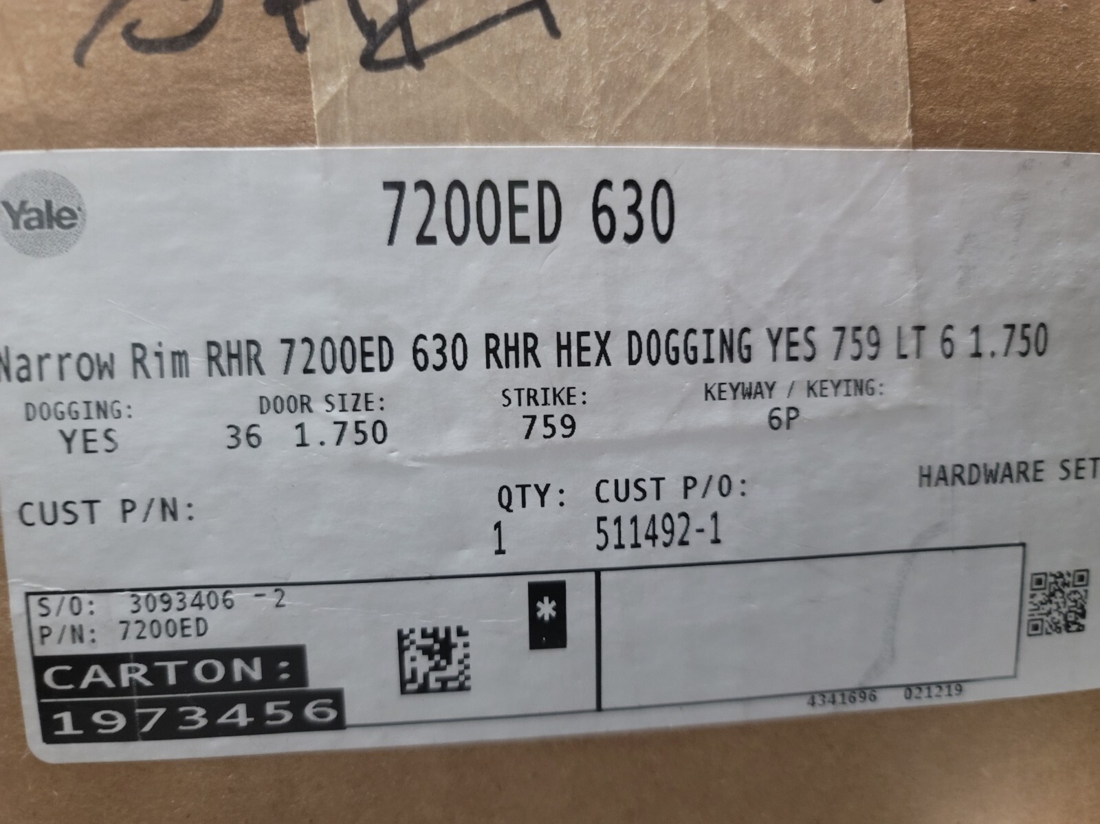 Yale Commercial Narrow Rim Exit Device 7200 630 RHR Hex Dogging 759LT
