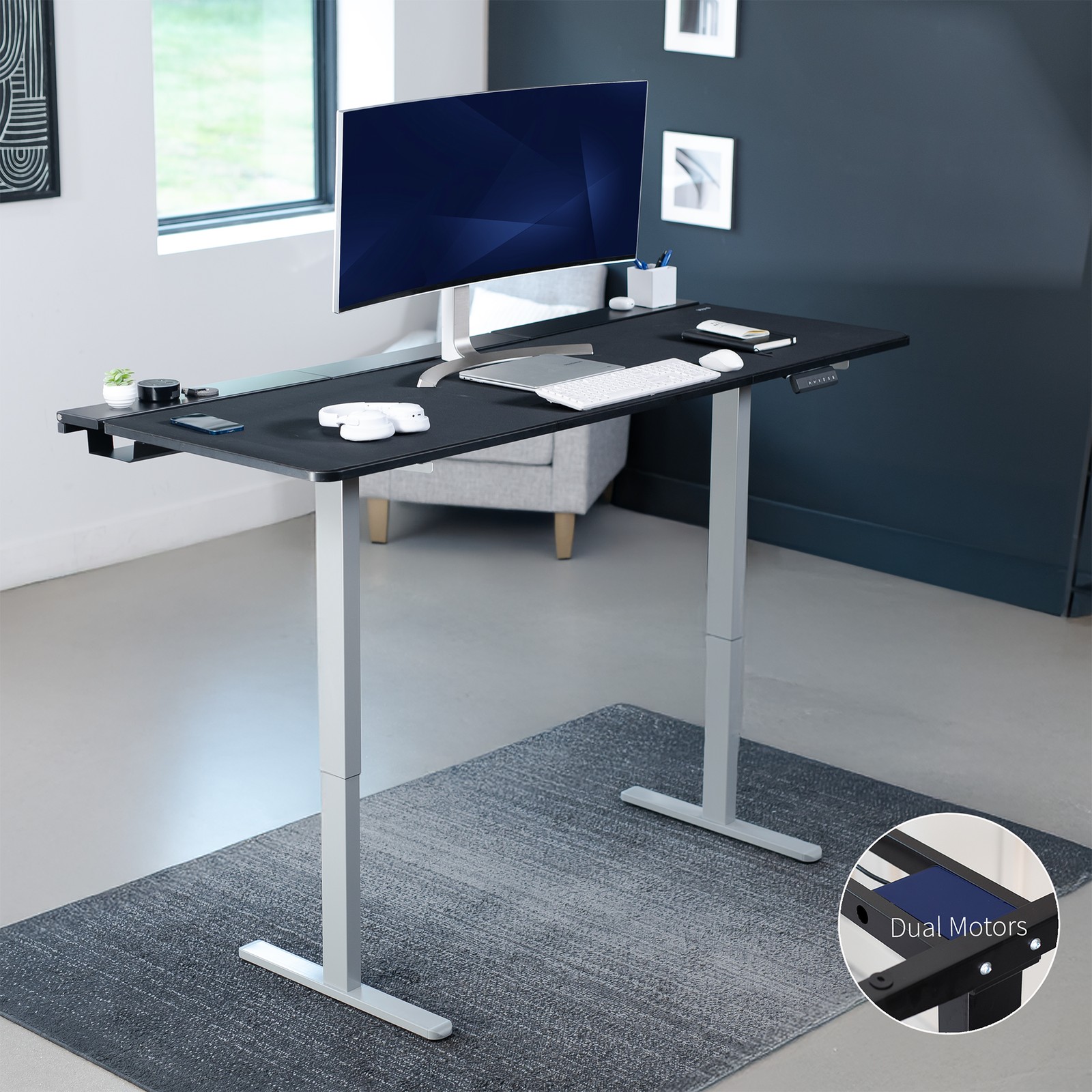 VIVO Electric 71″ x 30″ Desk, Full Pad, Black Hidden Cable Tabletop, Gray Frame