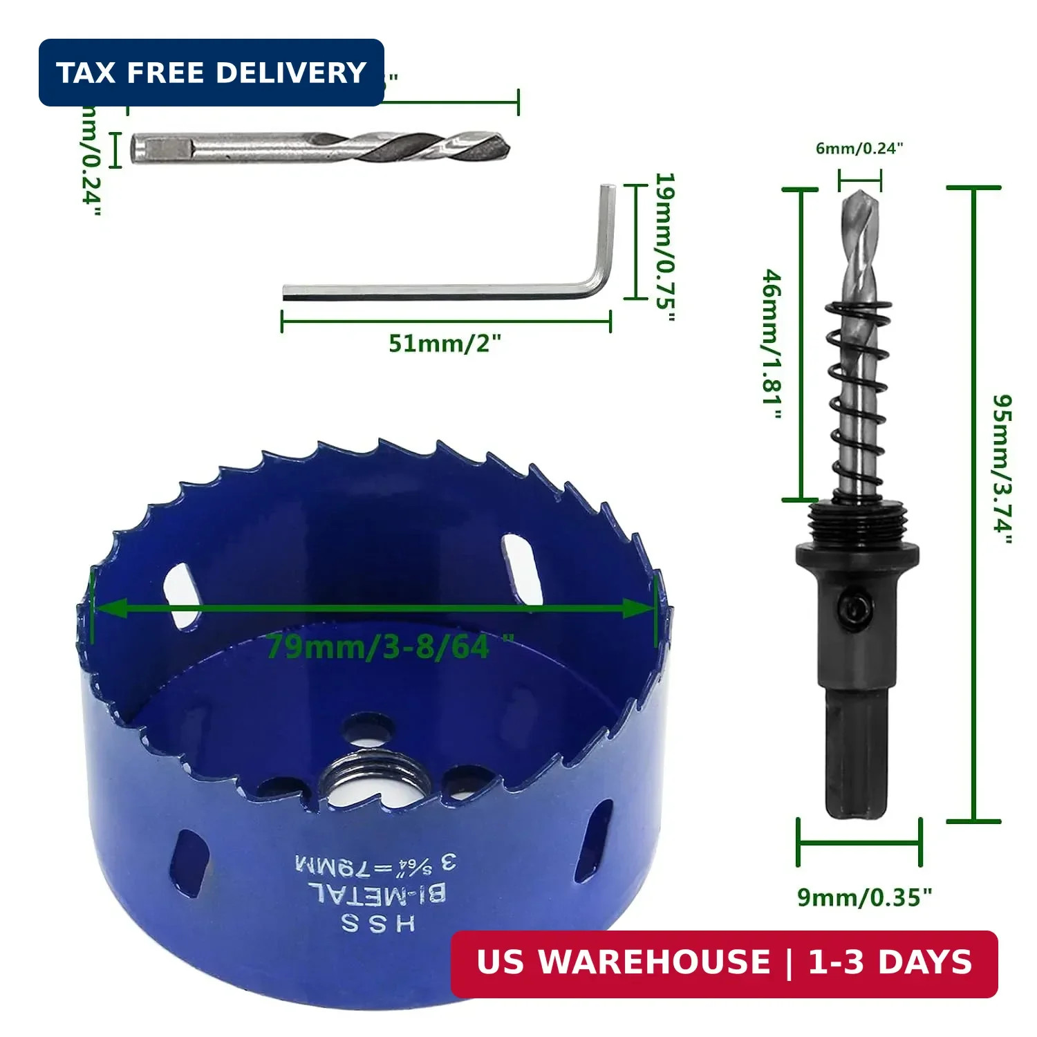 3-1/8 inch 79mm Hole Saw, 1 1/4 inch Cutting Depth HSS Bi-Metal Hole Cutter