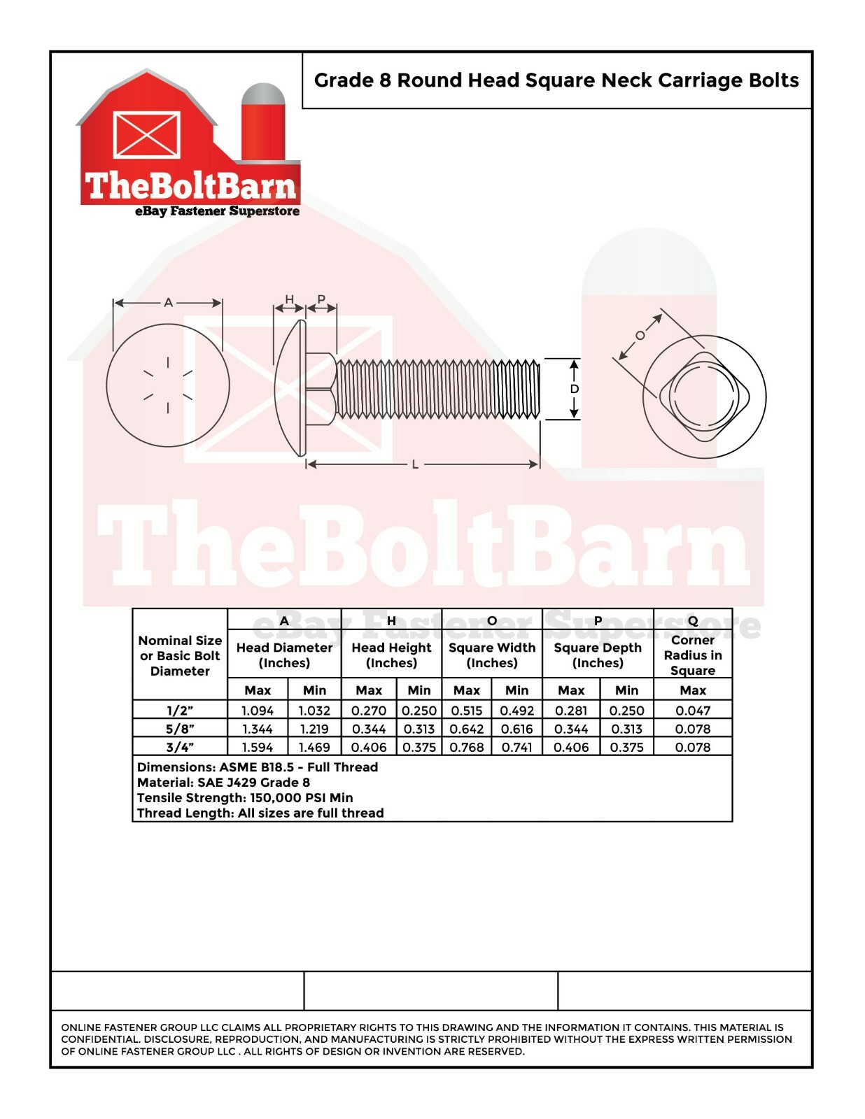 5/8″-11 Grade 8 Full Thread Round Head Square Carriage Bolts (Pick Length & Qty)