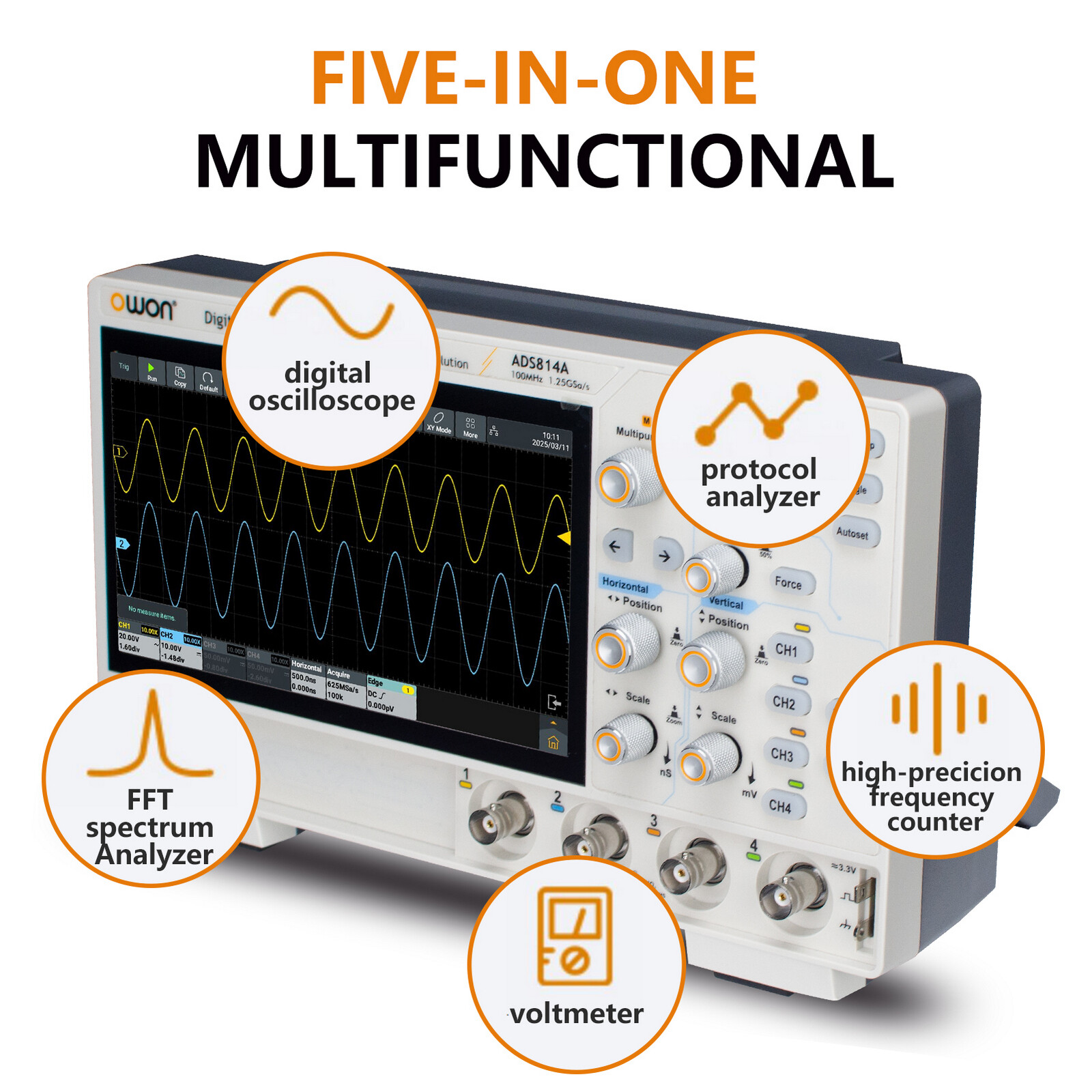 Owon ADS814A 12bits Digital Oscilloscope 100MHz 4CH 1.25GSa/s FFT analysis