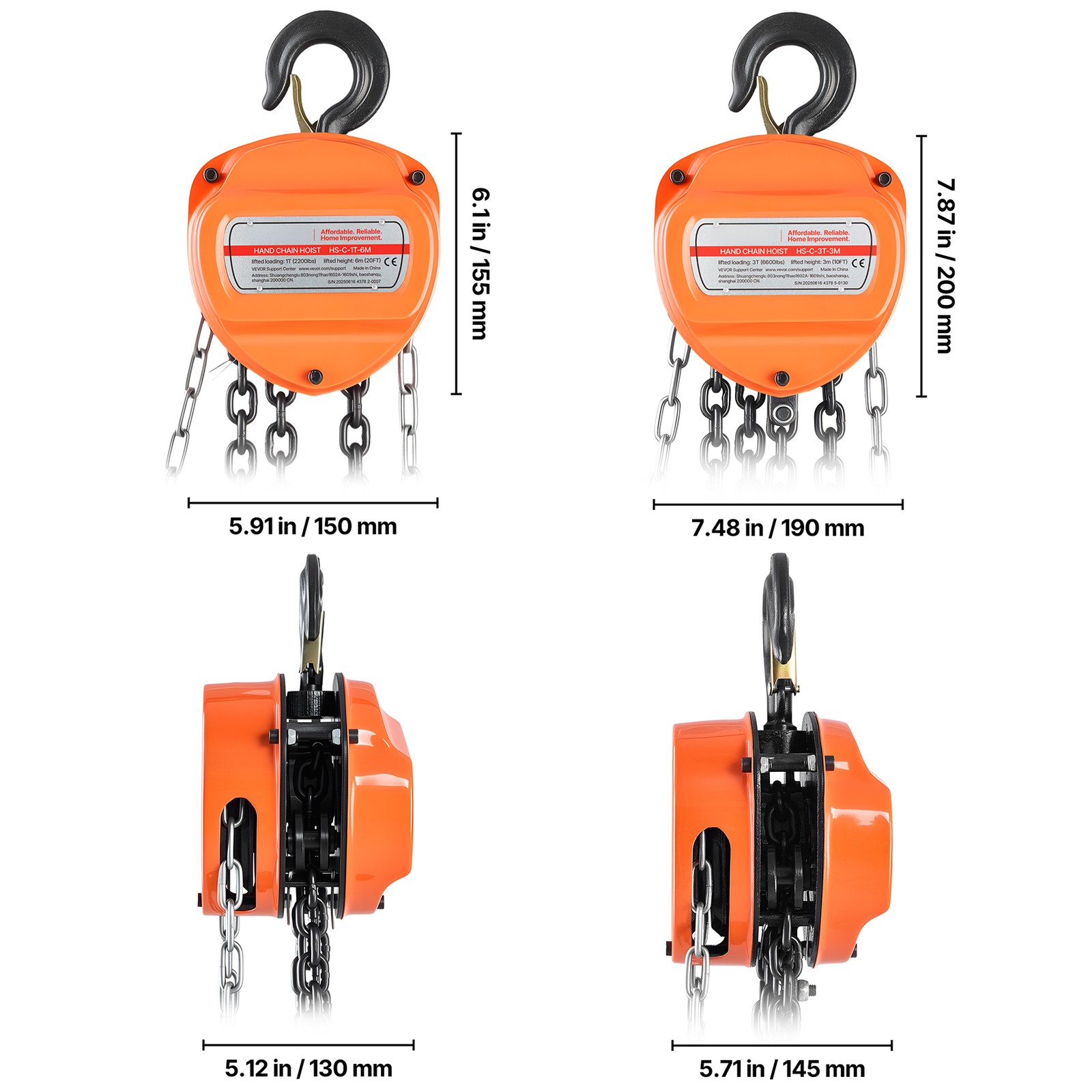 Uimoso Manual Chain Hoist 1100-6600lbs Load w/10/20ft G80 Chain 1T/2T/3T