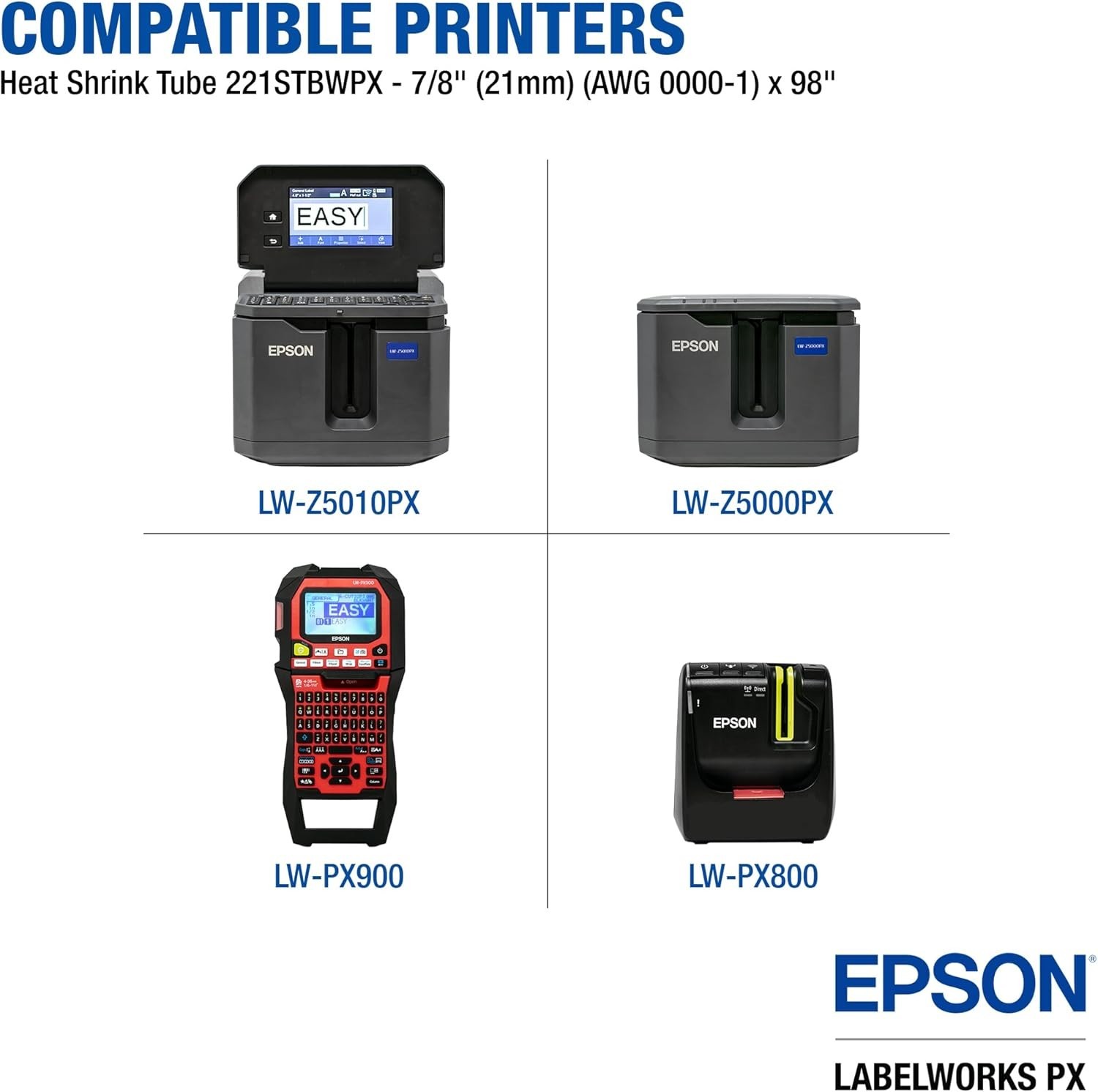 Epson LABELWORKS 221STBWPX Black on White Shrink Tube 7/8″ (21mm) Tape-221STBWPX