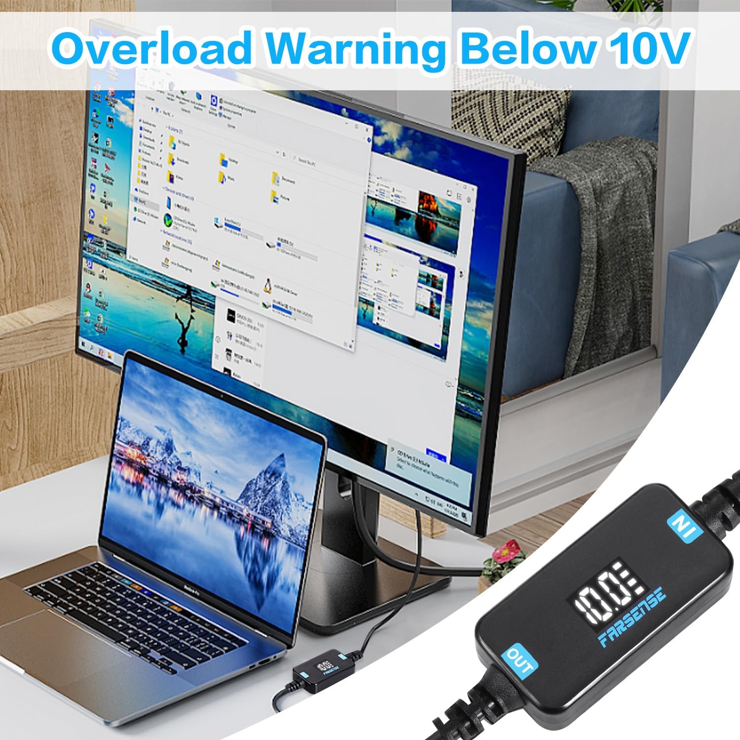 USB-C to DC 12V Step-Up Power Cable 3FT Voltage LED Display 5.5×2.5 & 3.5×1.35mm