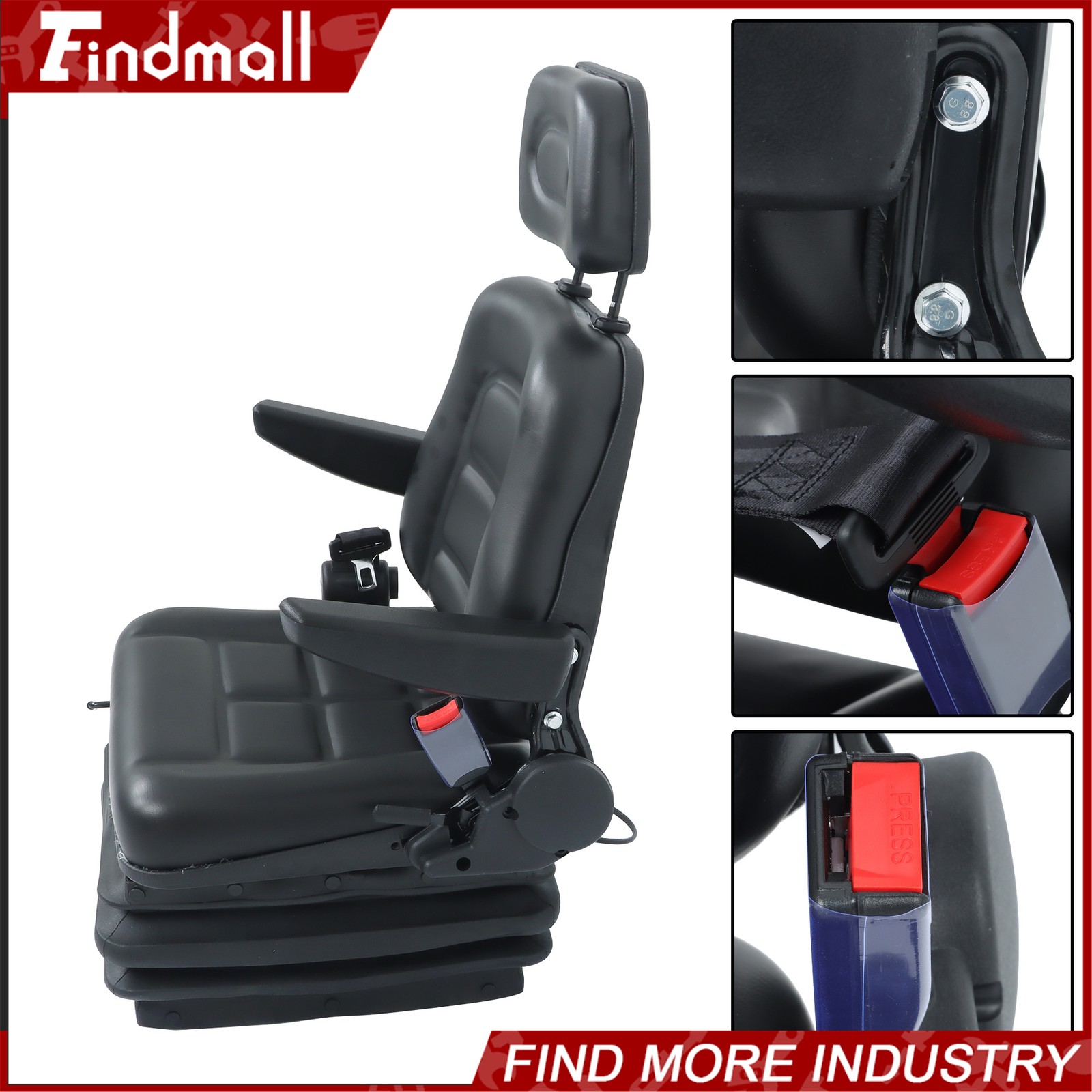 FindmallForklift Tractor Seat Suspension Adjustable Backrest Armrest Safety Belt