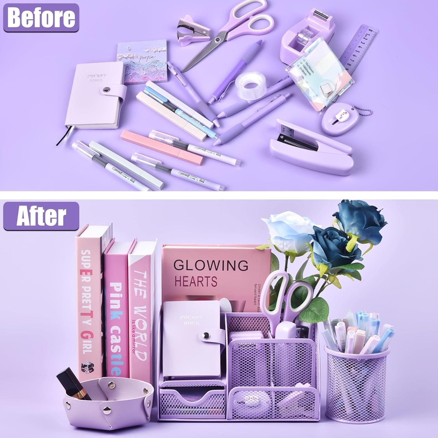 Stylish Purple Desk Organizers with 26 Essential Office Supplies – Gift Ready