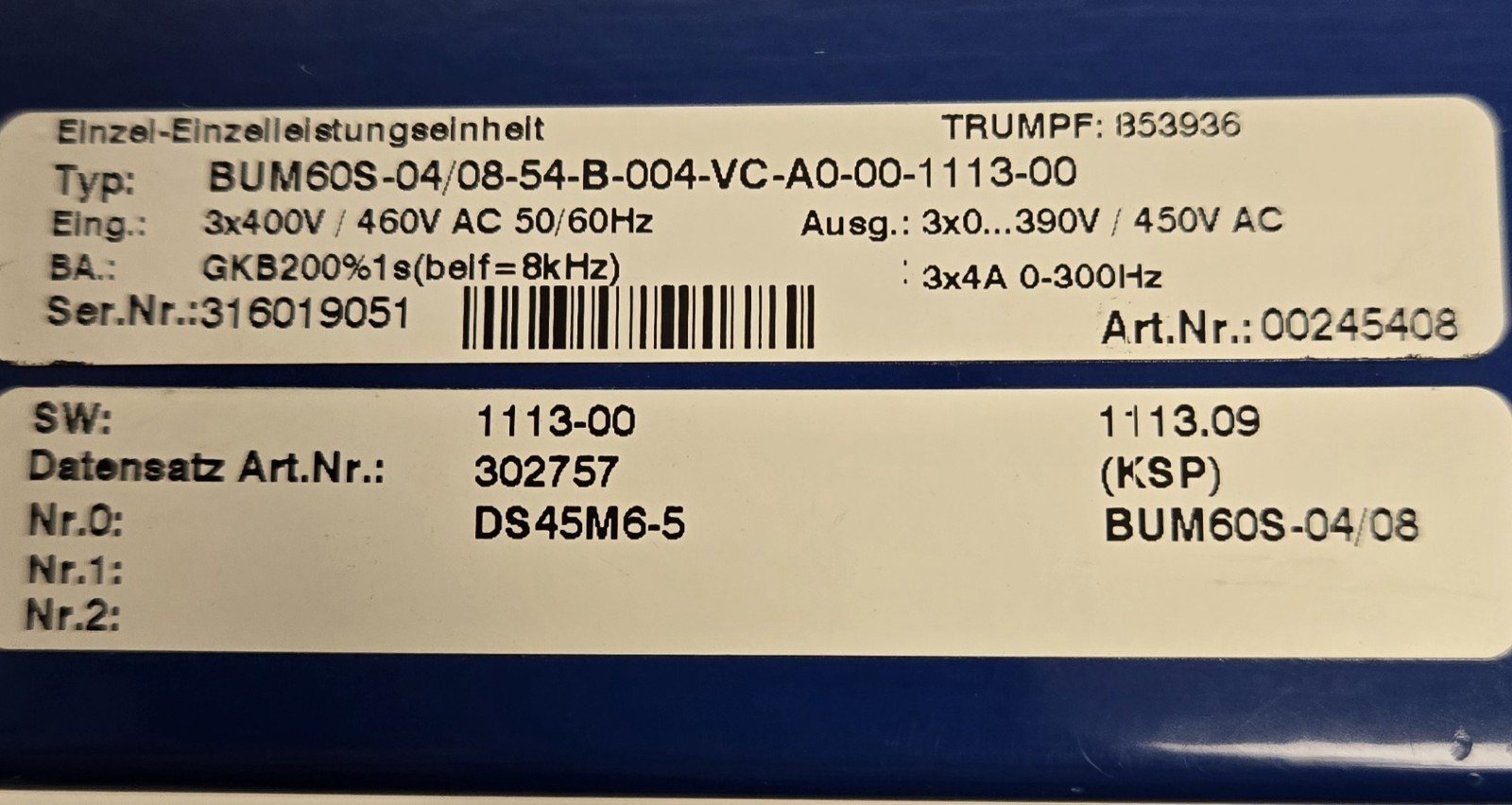 TRUMPF SERVO DRIVE 853936. BUM60S-04/08-54-B-004-VC-A0-00-1113-00.