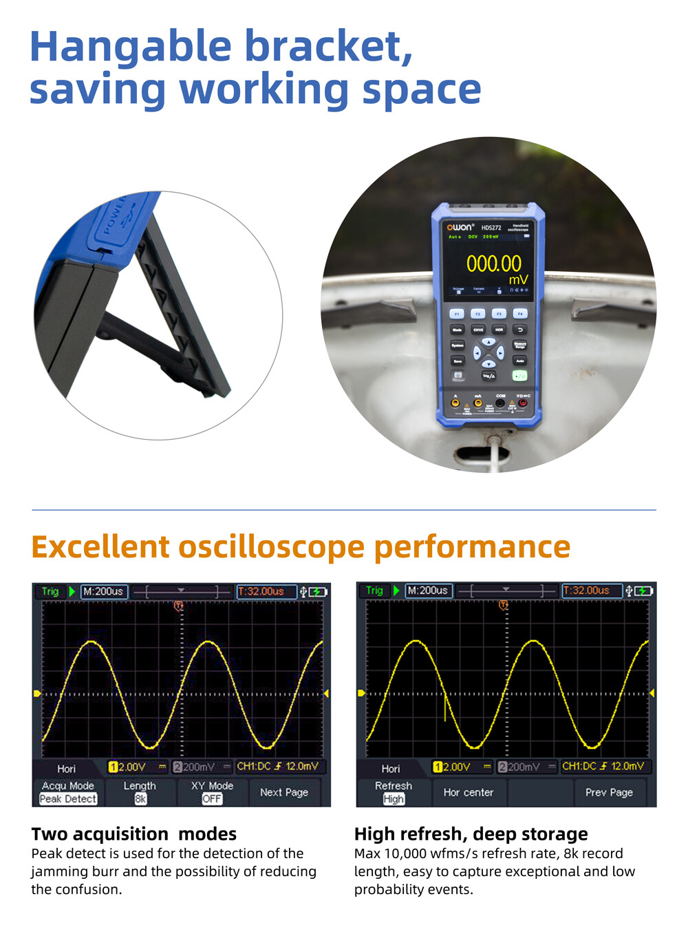 OWON HDS272 3.5″ 2CH Handheld Oscilloscope 70MHz Bandwidth 20000 Counts 0-2V