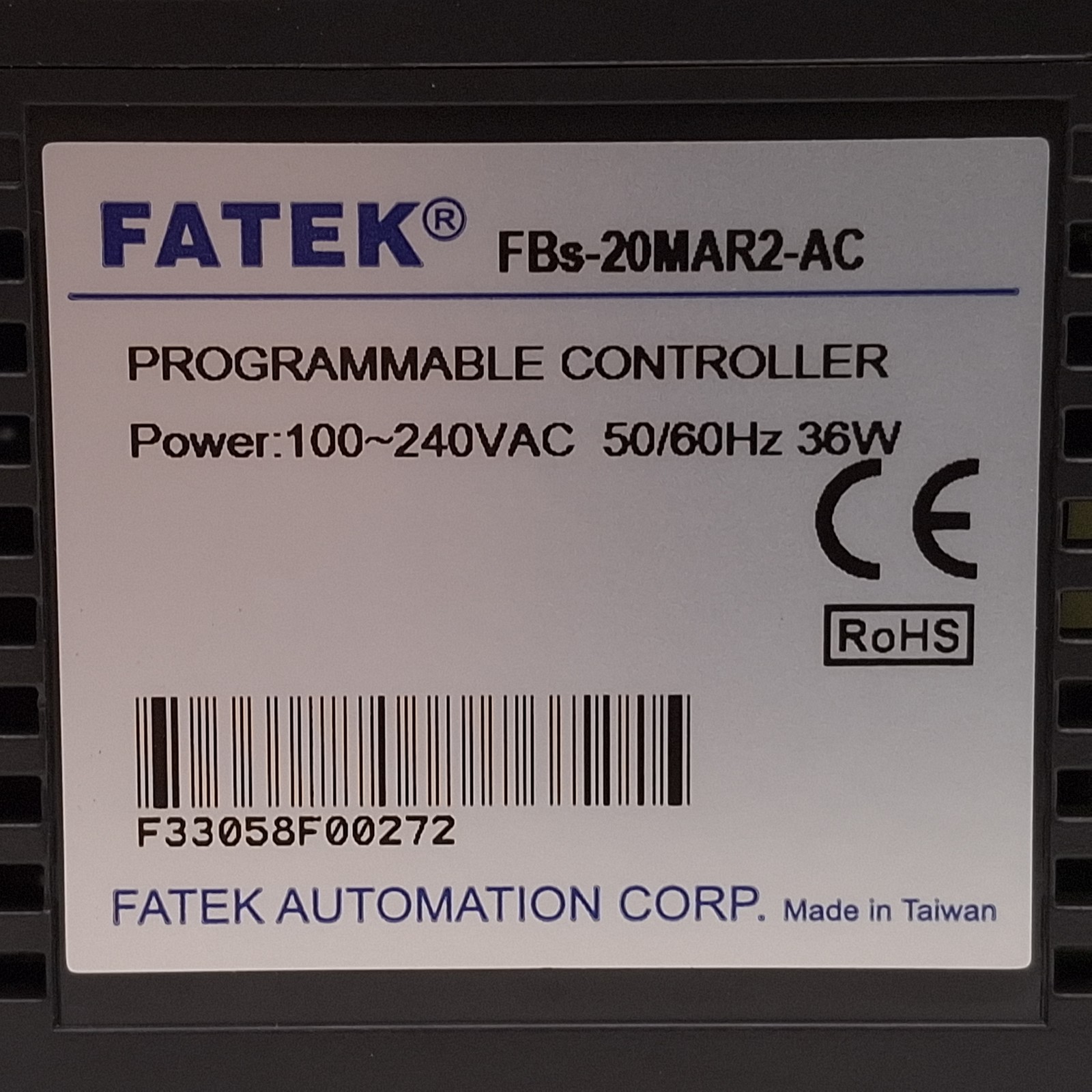 FATEK FBs-20MAR2-AC Programmable Controller, 12-Input, 8-Output, 100-240VAC