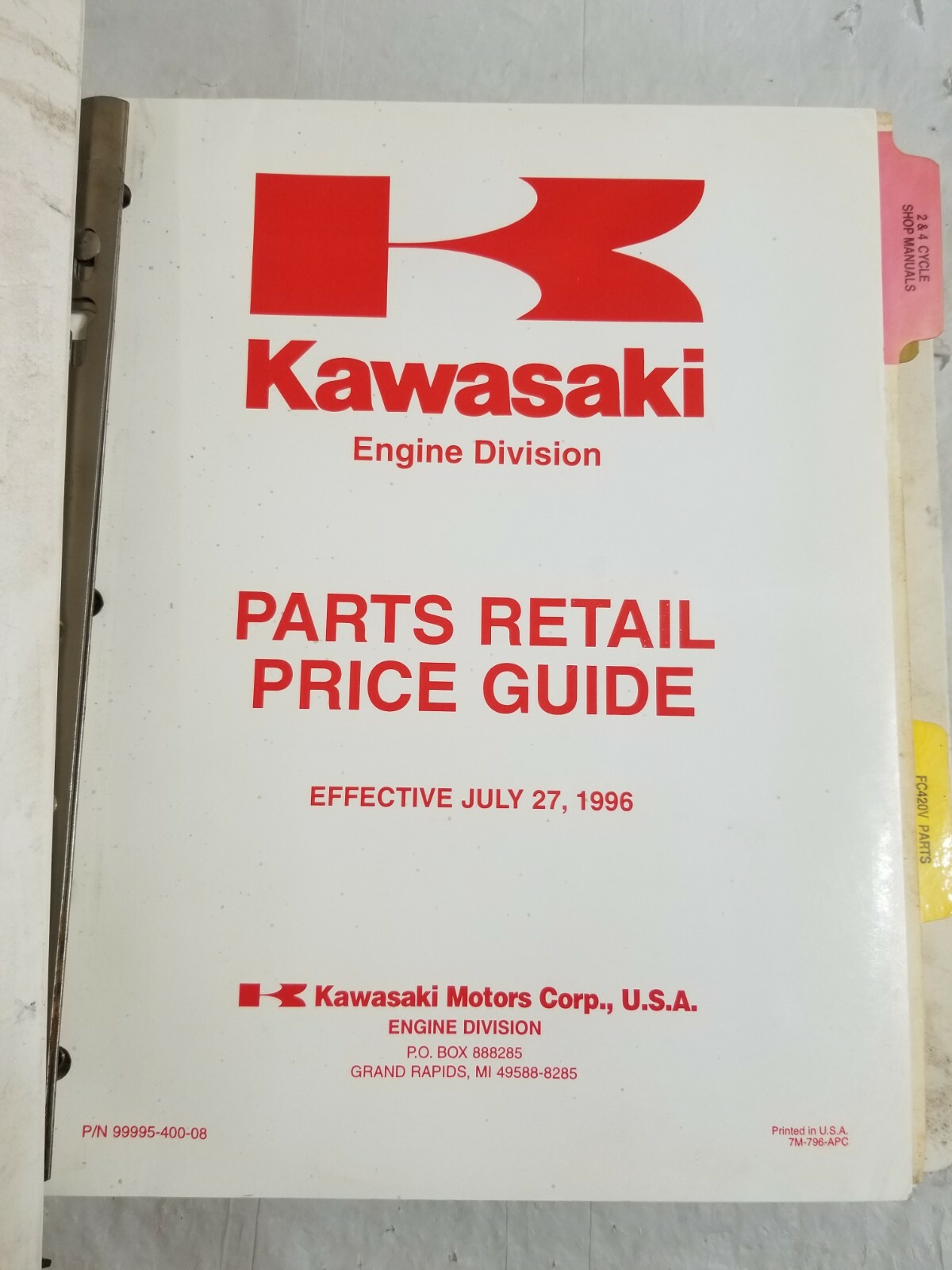 KAWASAKI Master Manual Parts & Service Vol 1 Part # 99969-0305PA Dealer Binder
