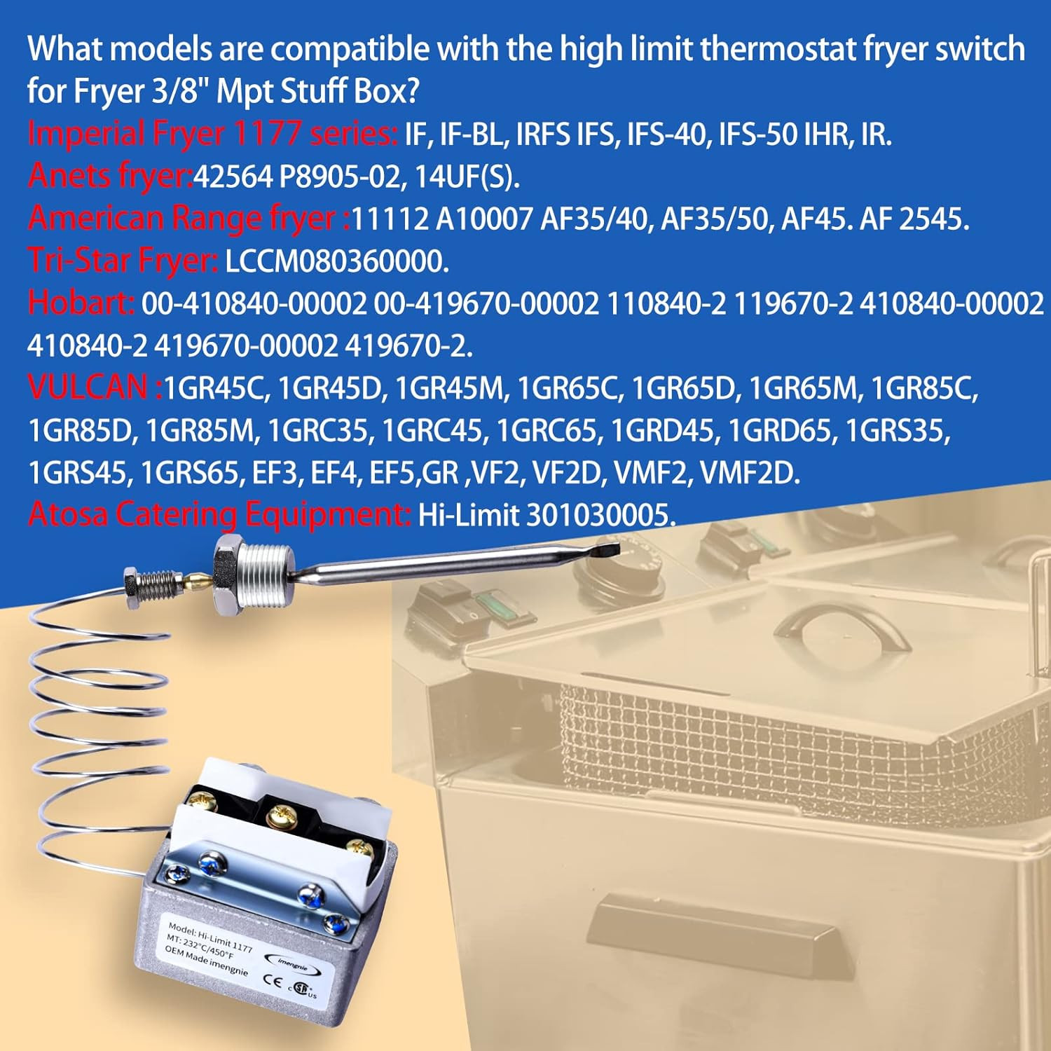 1177 High Limit Thermostat for Imperial Fryers, 450°F Safety Switch | 3/8″ MPT R