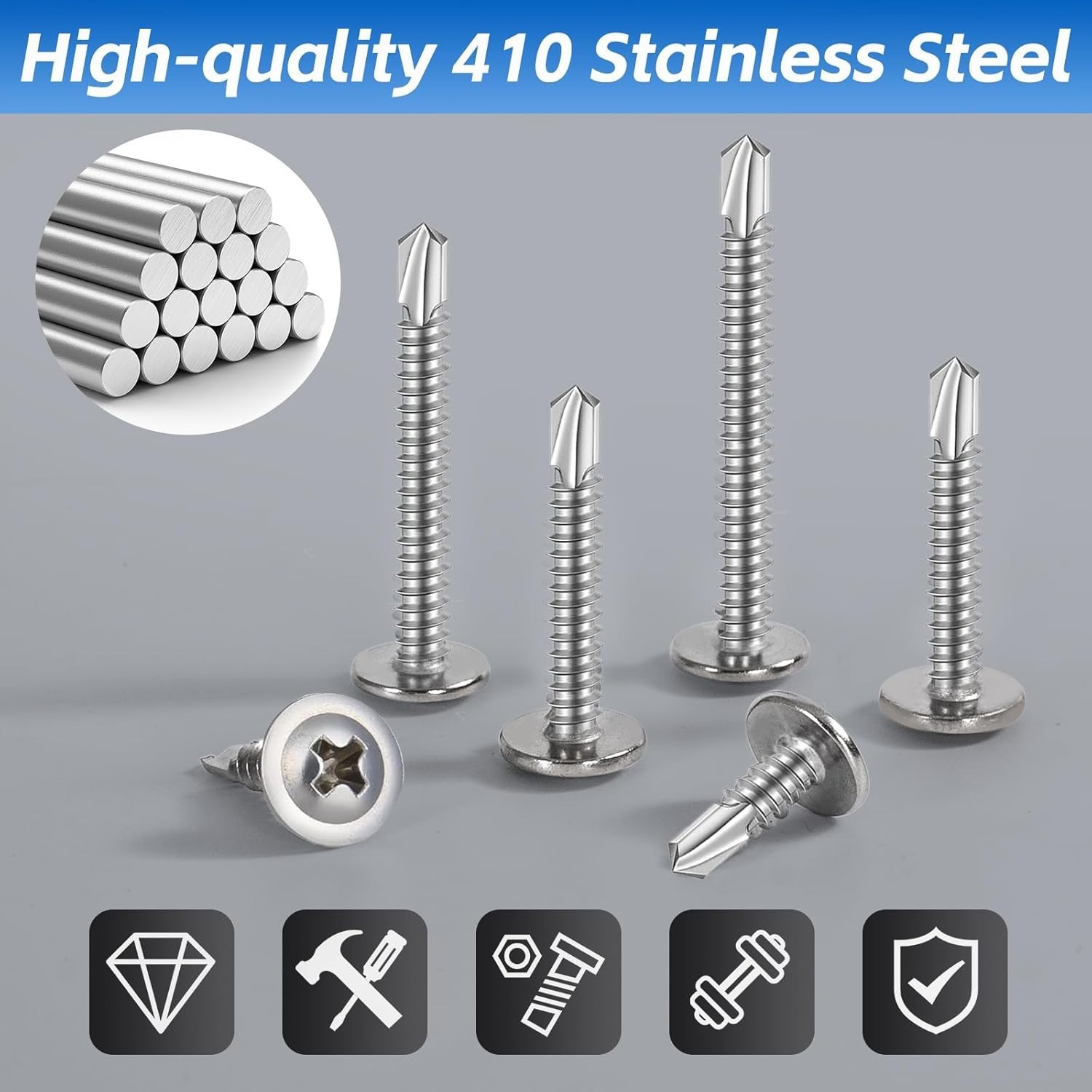 200PCS Sheet Metal Self-Drilling Screws Assortment Kit – #8 Truss Head Stainless