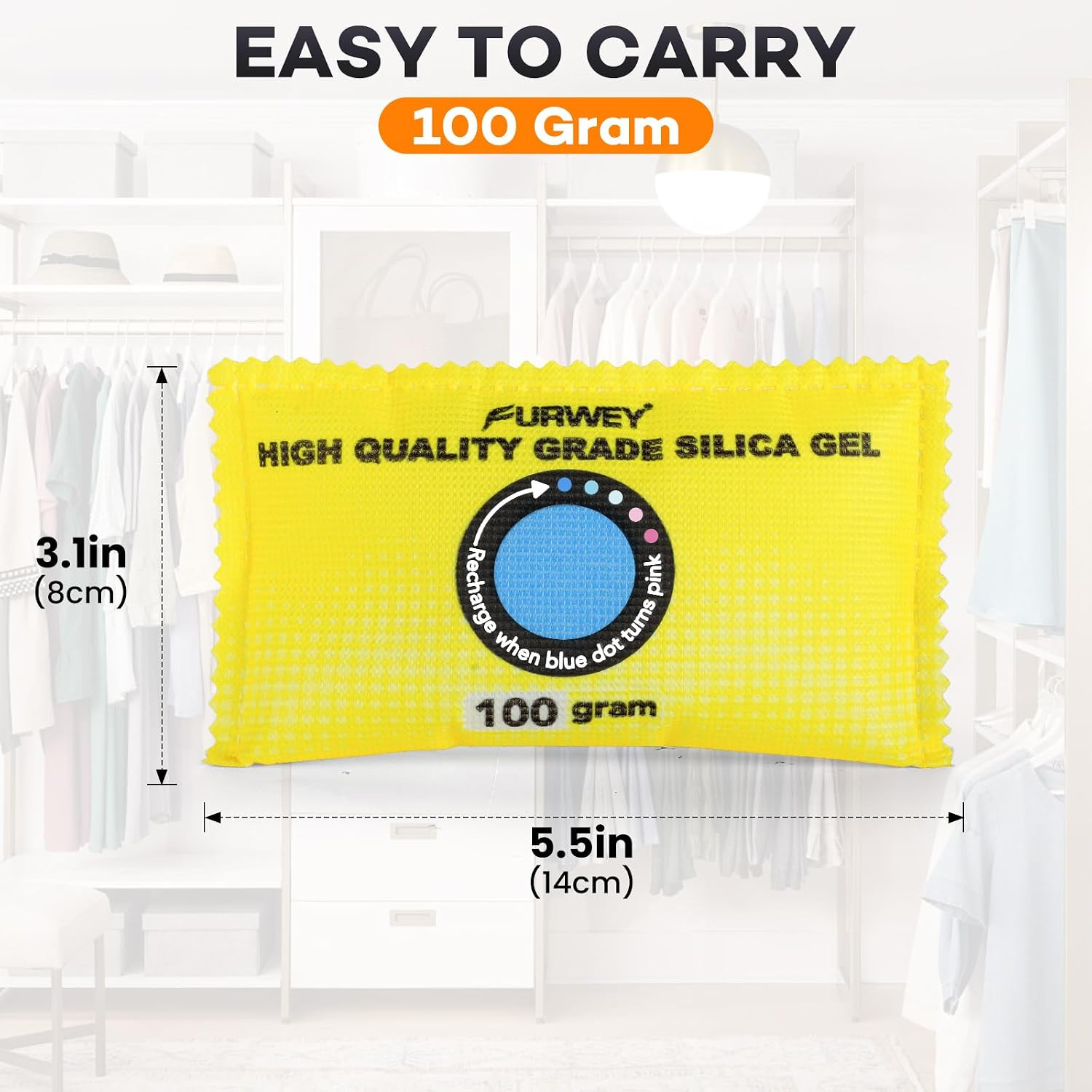 100G (6 Packs) Rechargeable Desiccant Packs for Storage, Color Indicating Silica