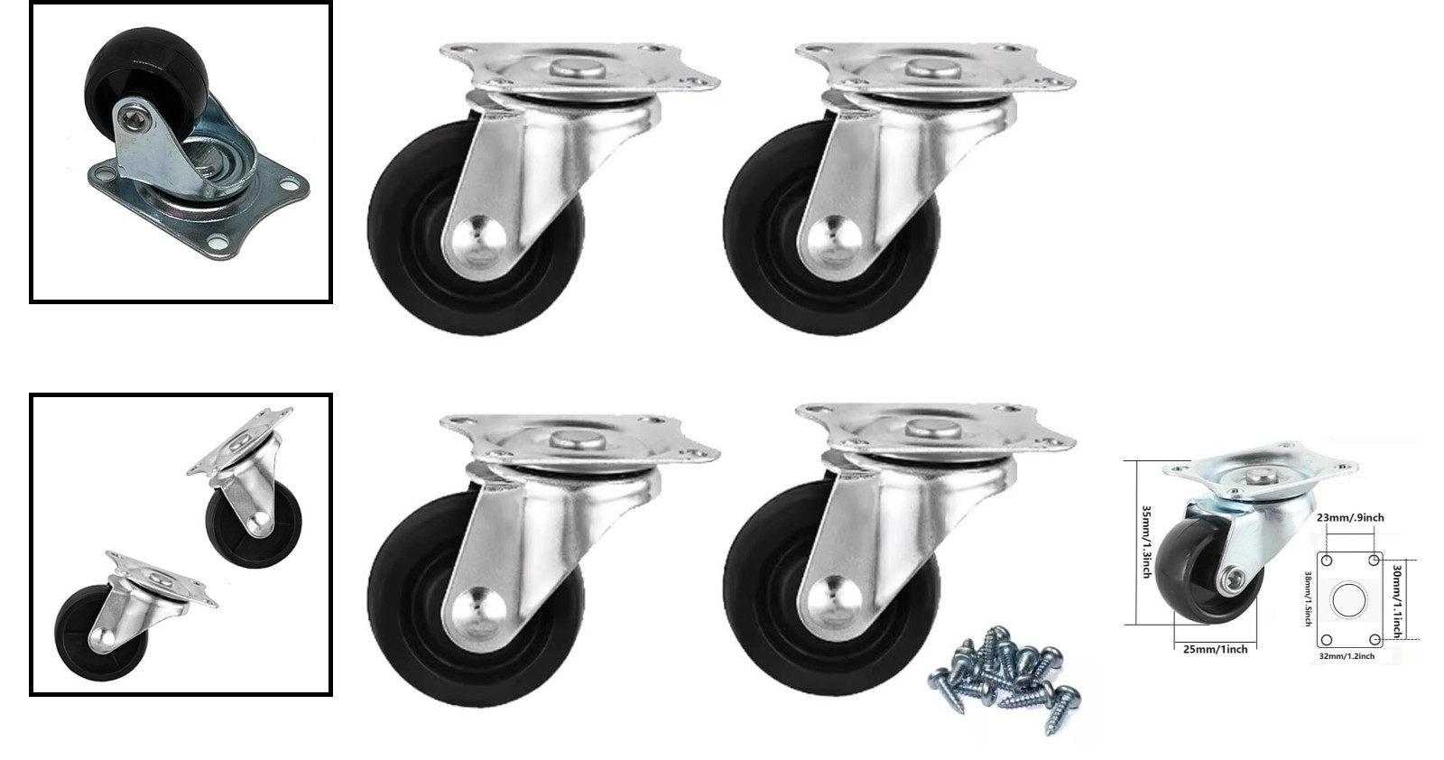 4 Pack Quiet 1″ Rubber Wheels with Plate Mount – Perfect for Trolleys & Carts