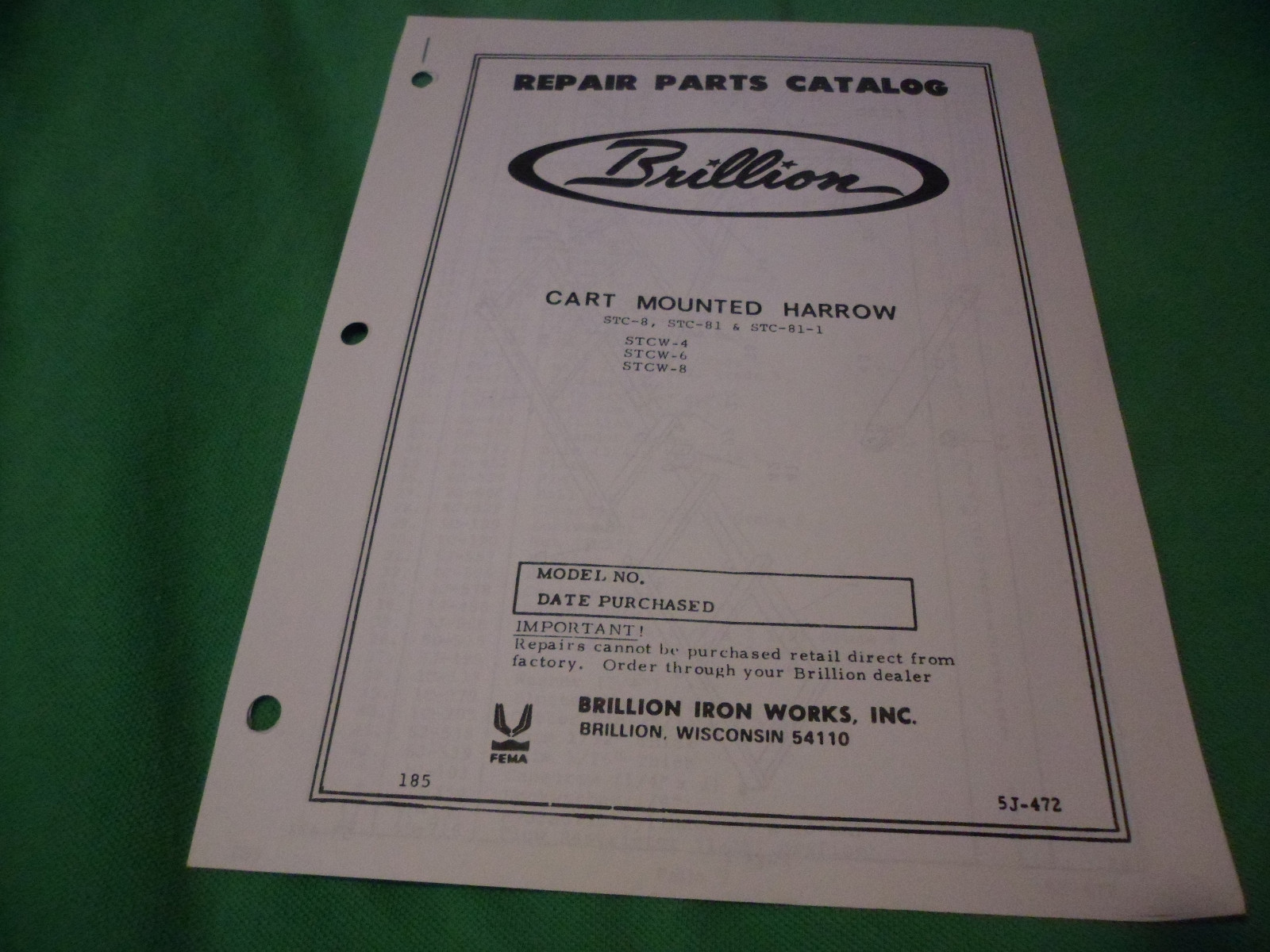 (Drawer 16) BRILLION Cart Mounted Harrow STC-8 STC-81 STC-81-1 PARTS CATALOG
