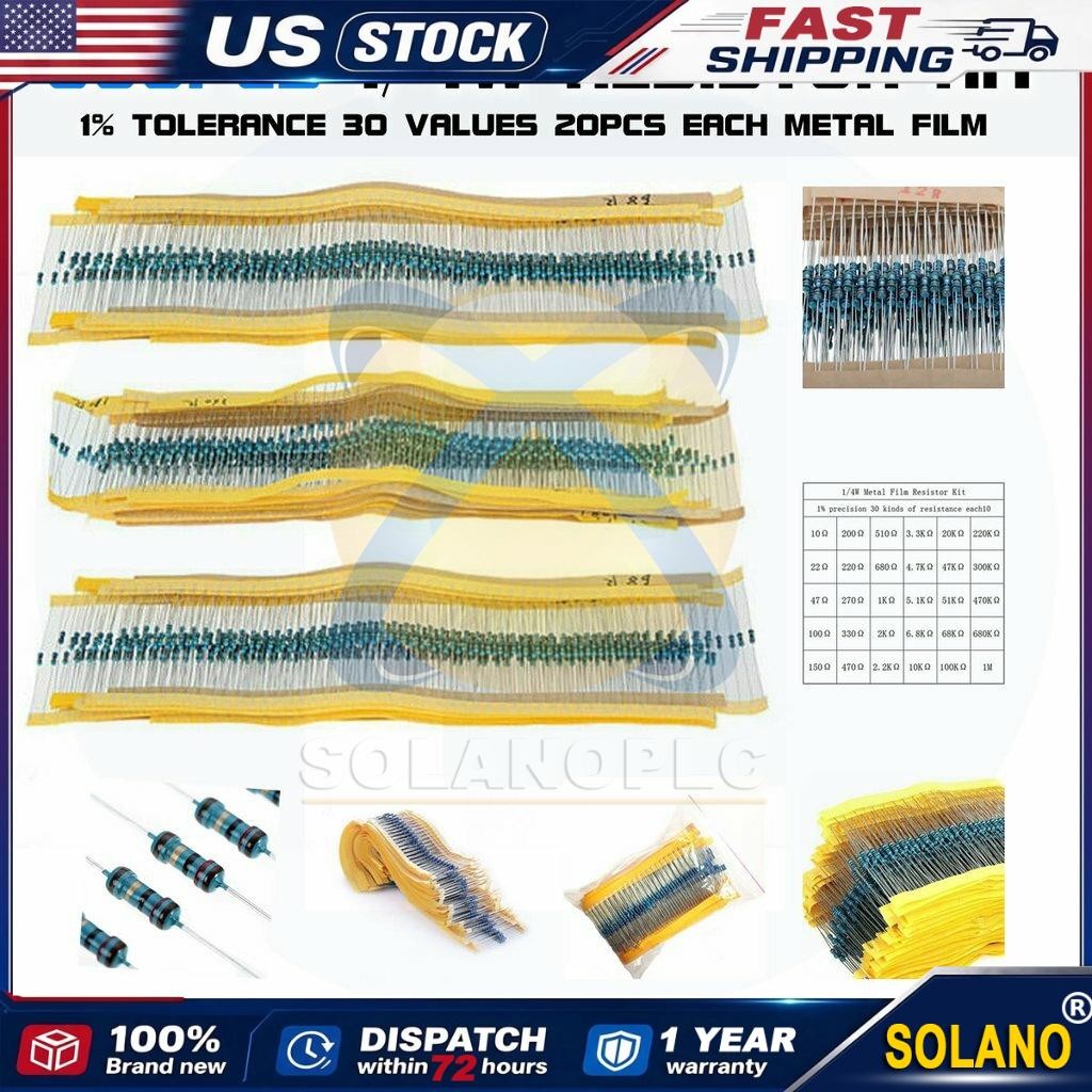 600pcs 30 Values 1/4W Metal Film Resistors Resistance Assortment Kit Set 1% USA