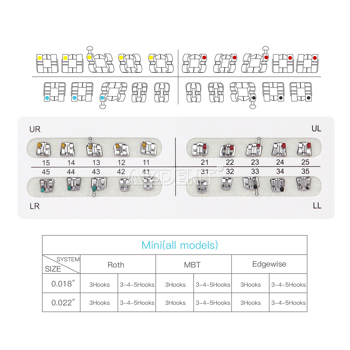 20pcs Dental Orthodontic Brackets Mini/Standard MBT/Roth 018/022 Hooks 3/345