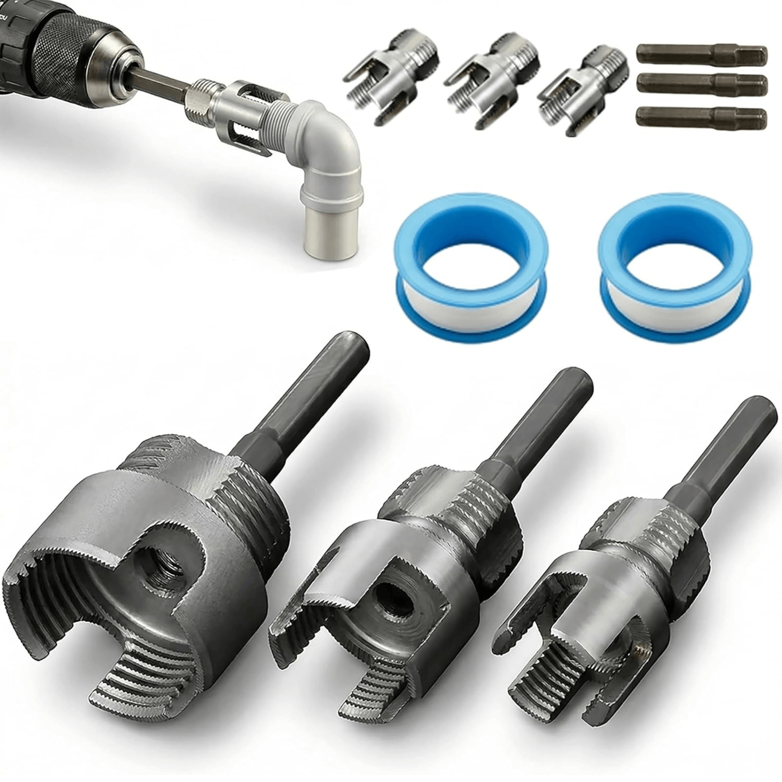 3PCS PVC Pipe Threader Kit Internal External 1/2 3/4 1 Inch Drill Tool