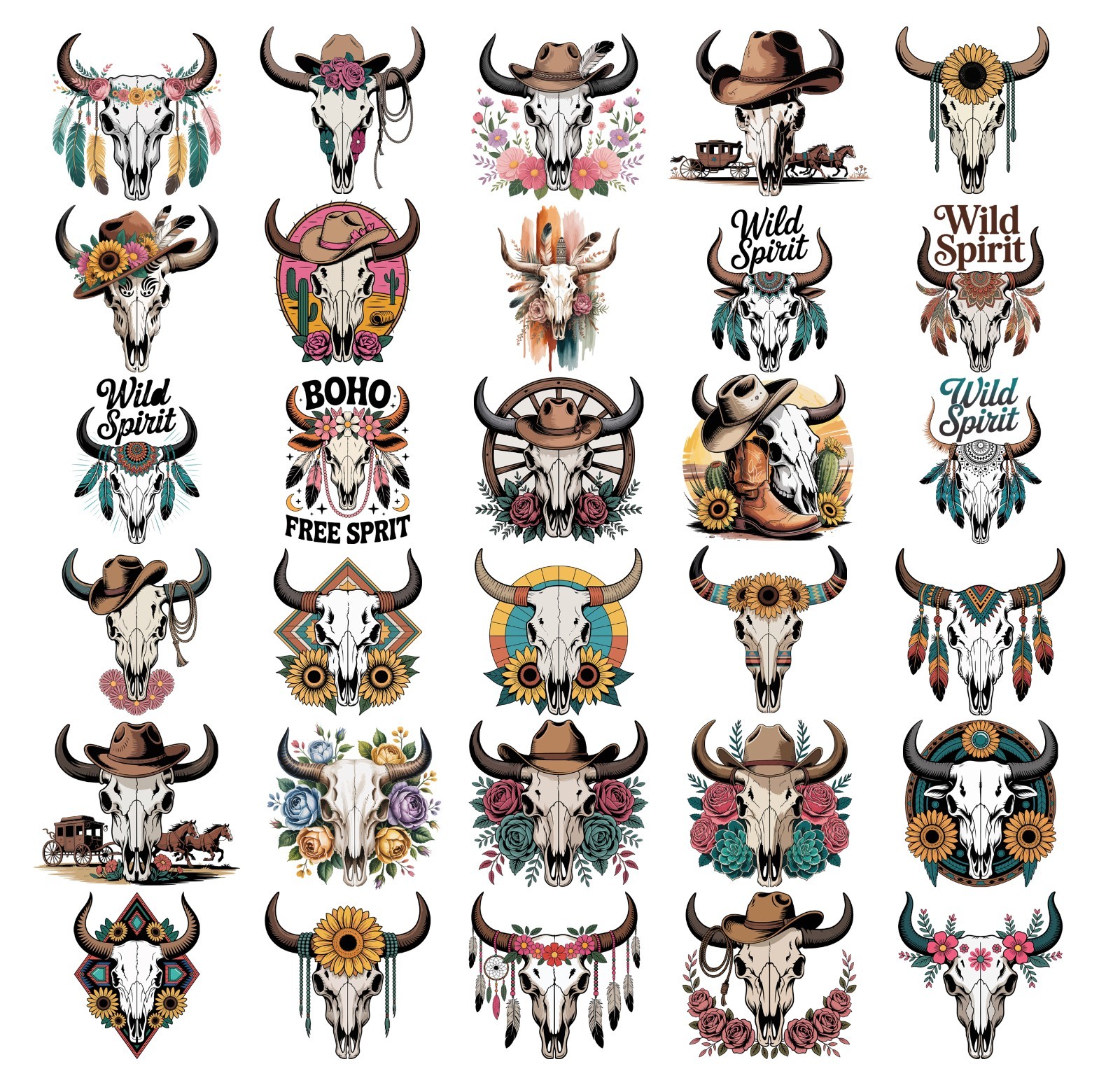 Western Boho Bull Skull Clipart Bundle, western PNG, Western Sublimation,