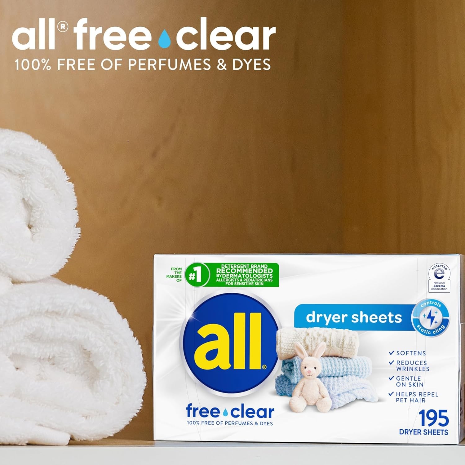 All Free Clear Unscented Fabric Softener Dryer Sheets, 195 Count