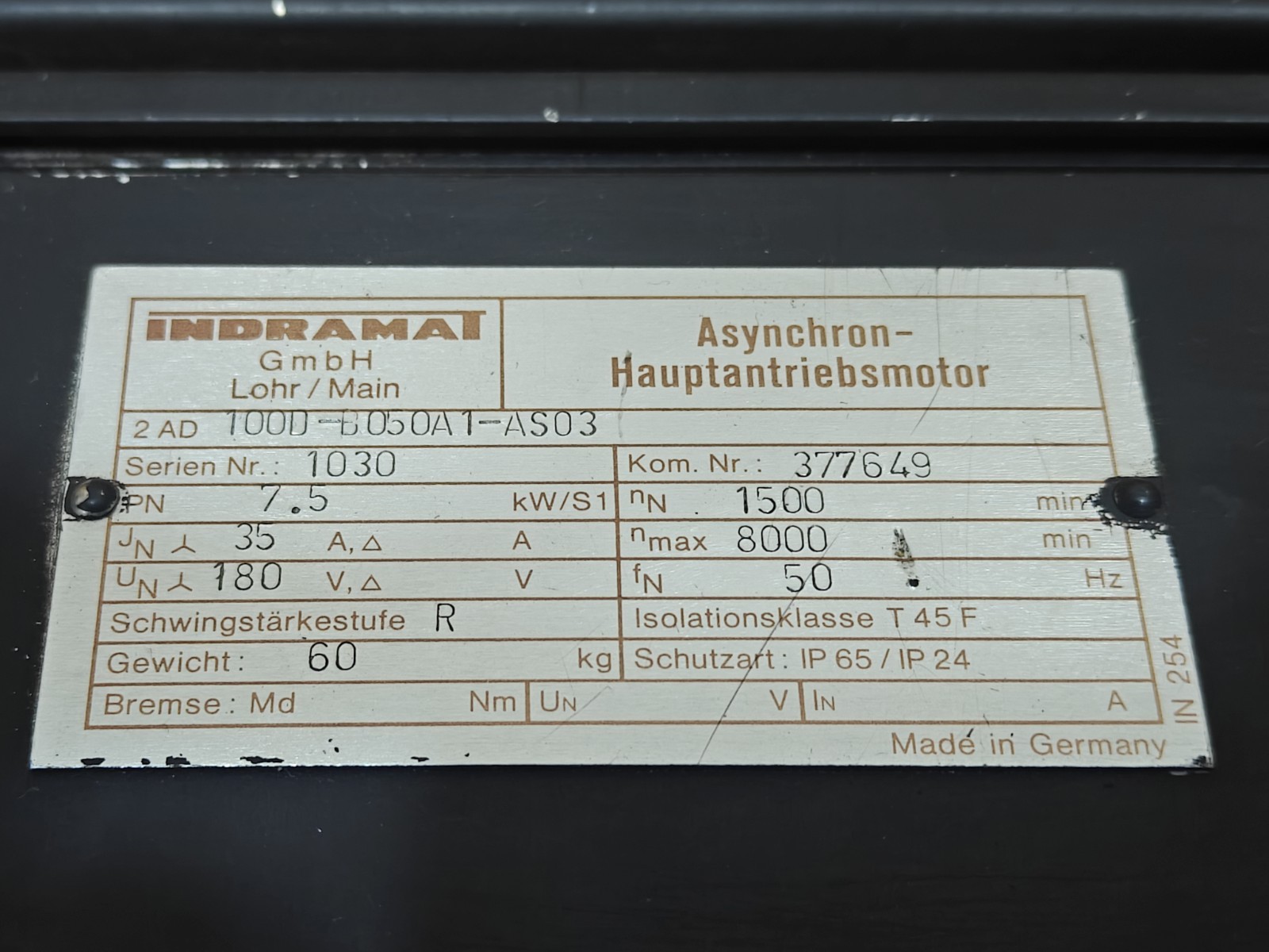 INDRAMAT 100D-B050A1-AS03 ASYNCHRON HAUPTANTRIEBSMOTOR SERVO MOTOR