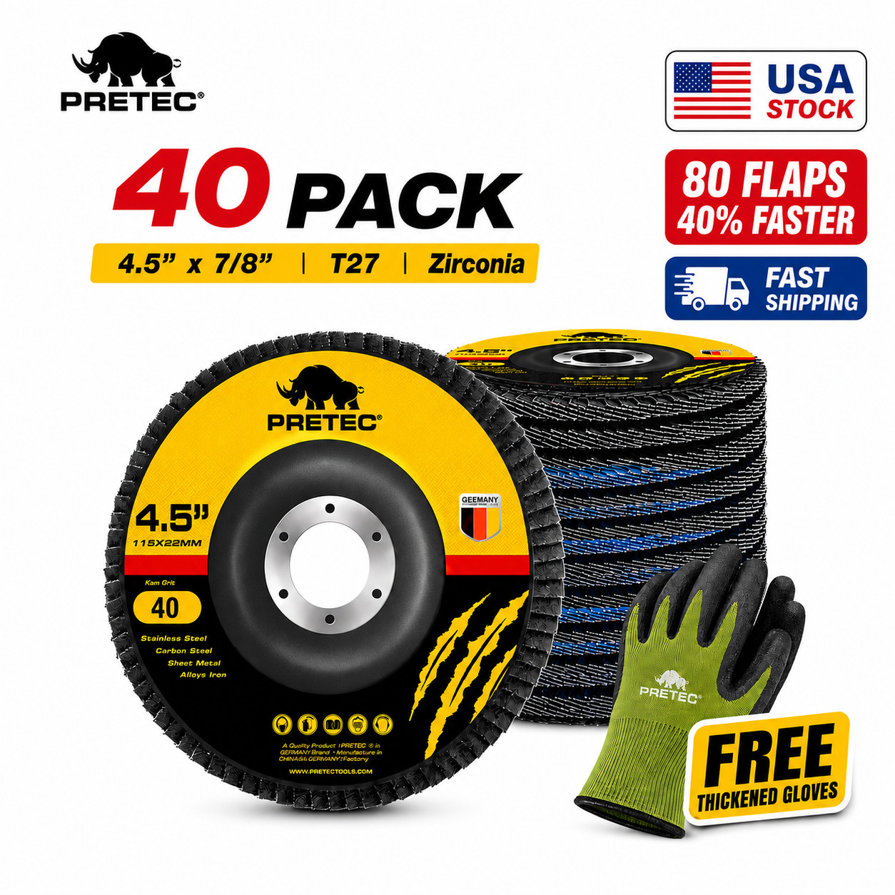 40 Pack 4.5″ x 7/8″ Zirconia Flap Discs 40 Grit T27 for Angle Grinder w/ Gloves
