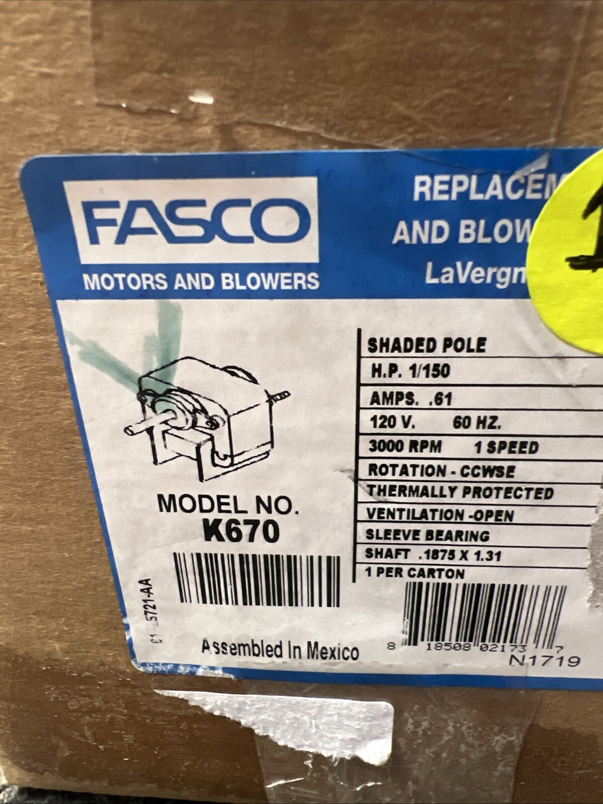 Fasco Shaded Pole Motor Model K670 HP 1/150 120V .61AMPS 60HZ 1 Speed 3000 RPM