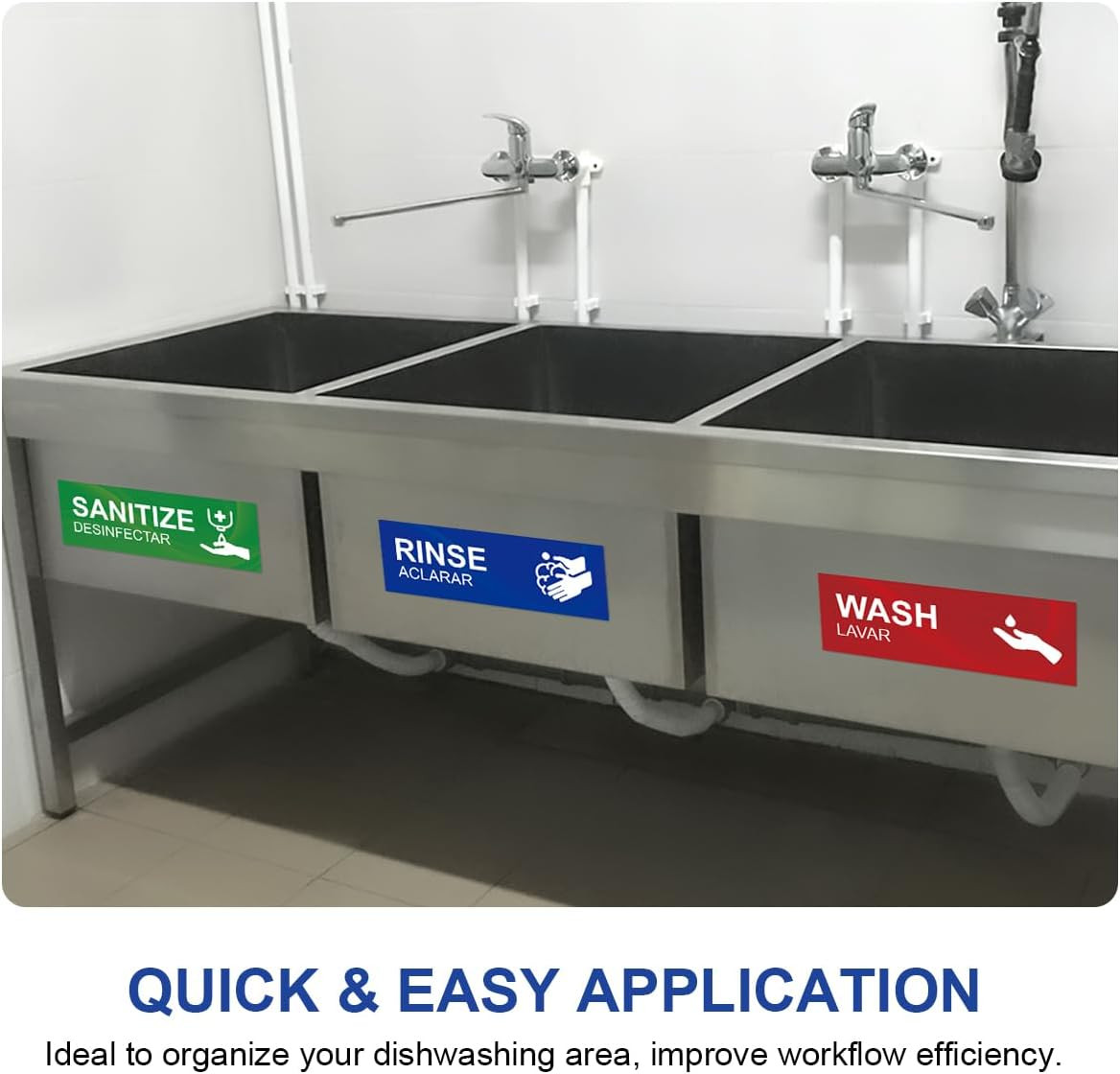 Wash Rinse Sanitize Sink Labels, 5 Pack 3 Compartment Sink Signs, Waterproof Sti