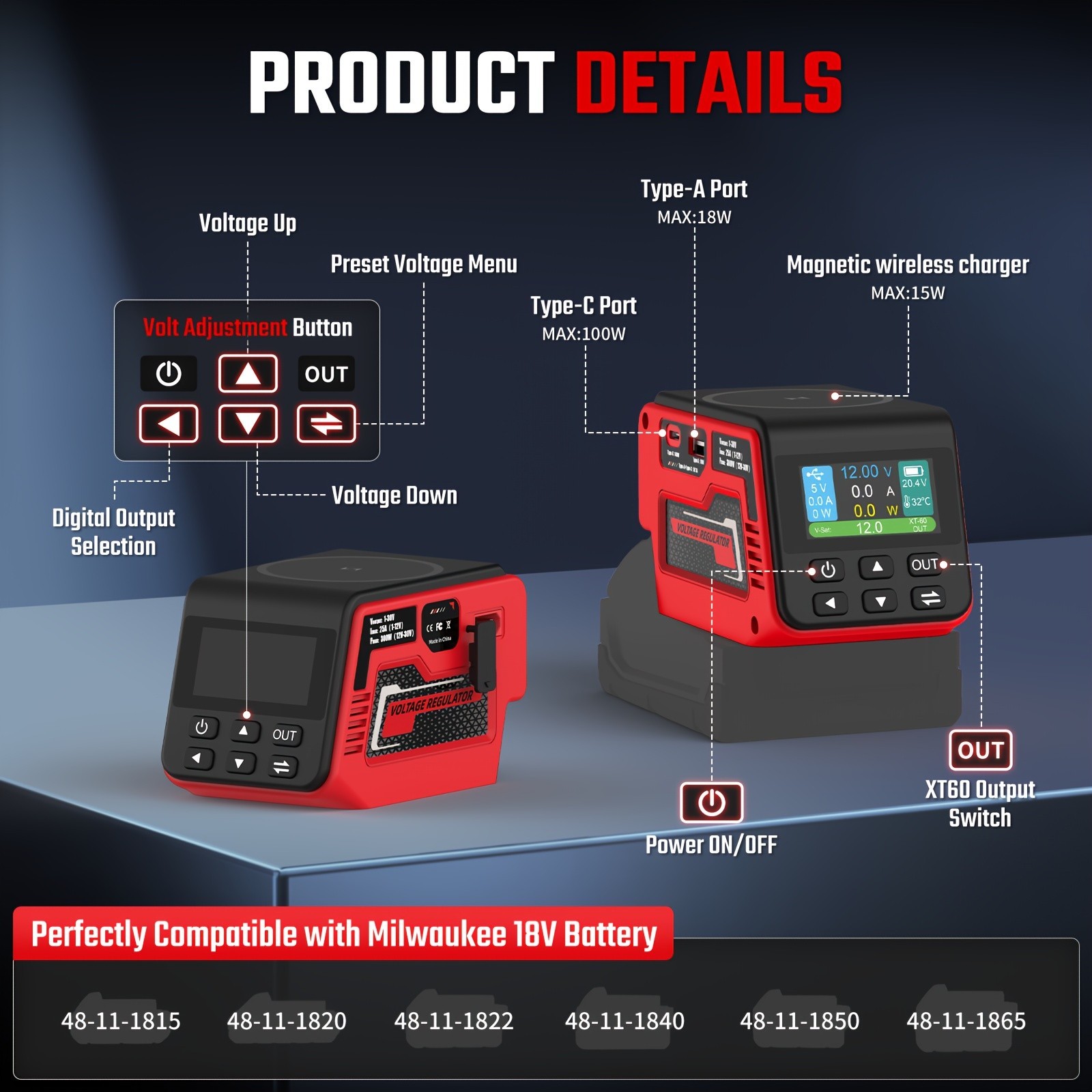 Power Inverter & Voltage Regulator Set Compatible with Milwaukee 18V Battery