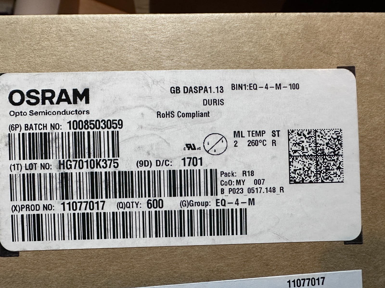 Osram GB DASPA1.13-DTEP-24-1-100-R18 Opto Semiconductors (Lot of 600)