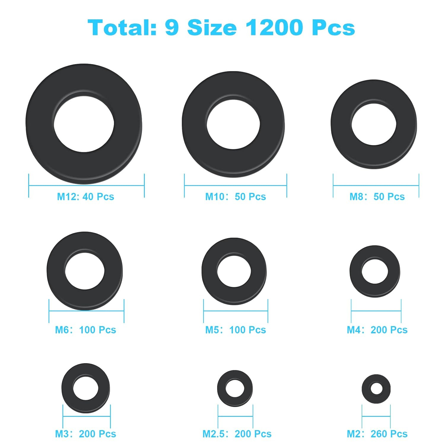 1200 Pcs Nylon Flat Washers for Screws Bolts Black Plastic Washers Premium Fen