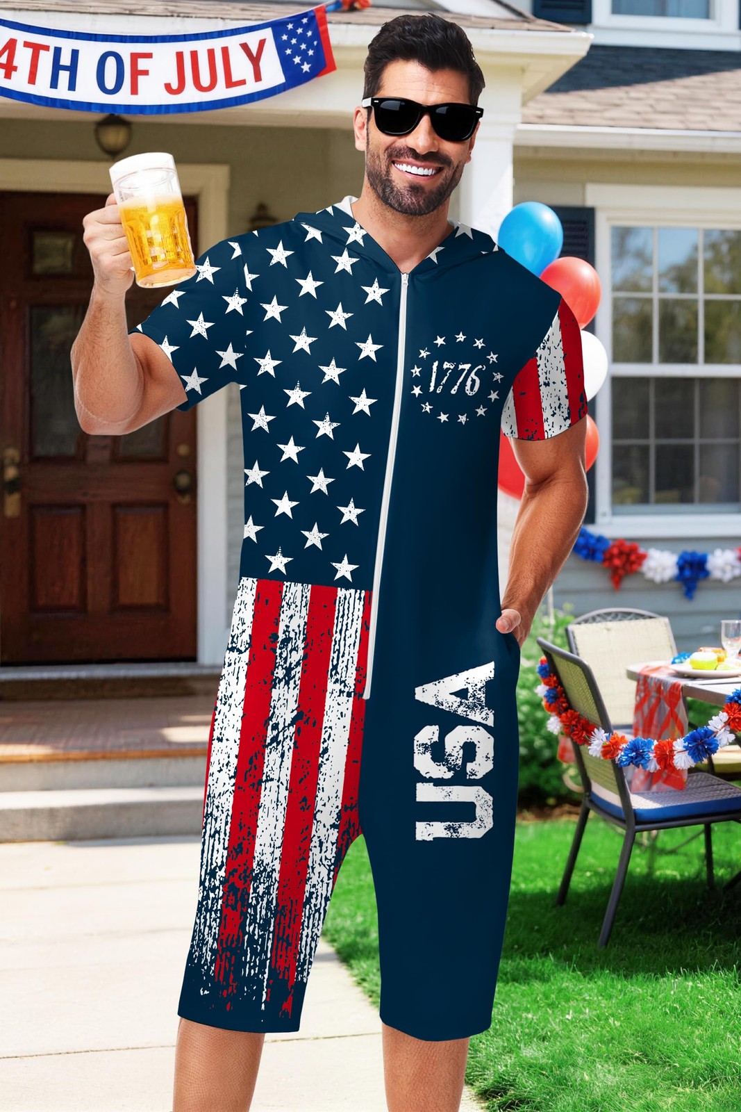 Arankhiger Mens 4Th Of July Jumpsuit Patriotic Stars Stripes Zip Rompers Usa