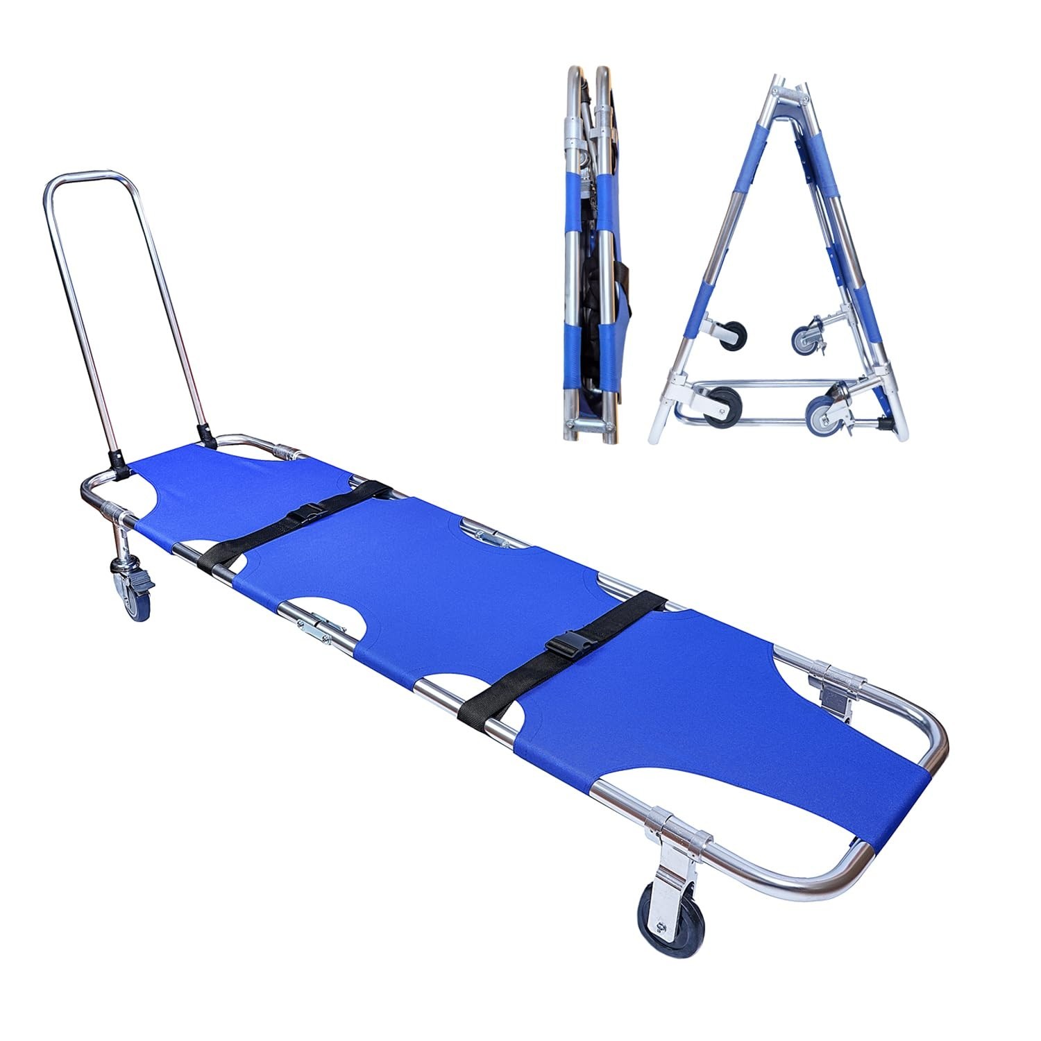 Aluminum 4‑Wheel Foldable Medical Stretcher Trolley w/ Drawbar – 350 lb Capacity