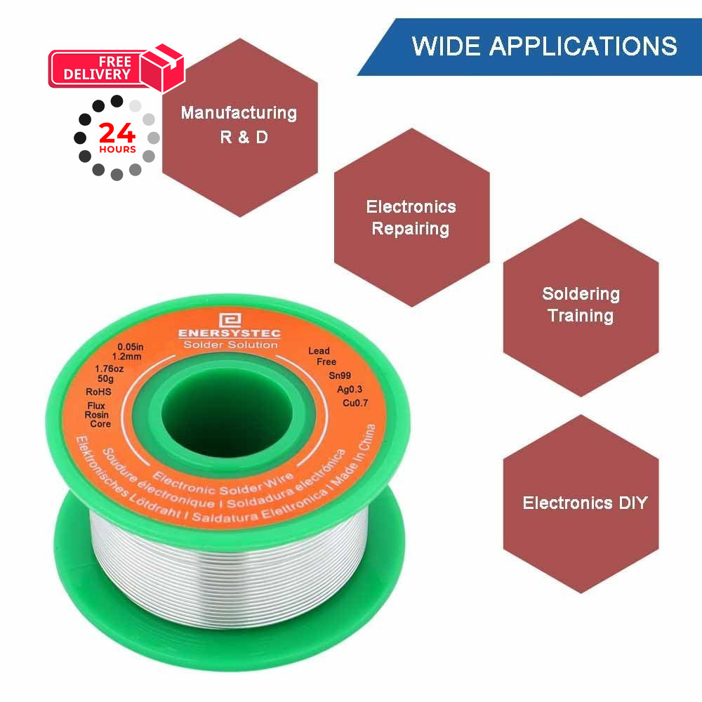 E ENERSYSTEC Lead Free Electronics Soldering Wire 1.2mm 50g, Rosin Silver