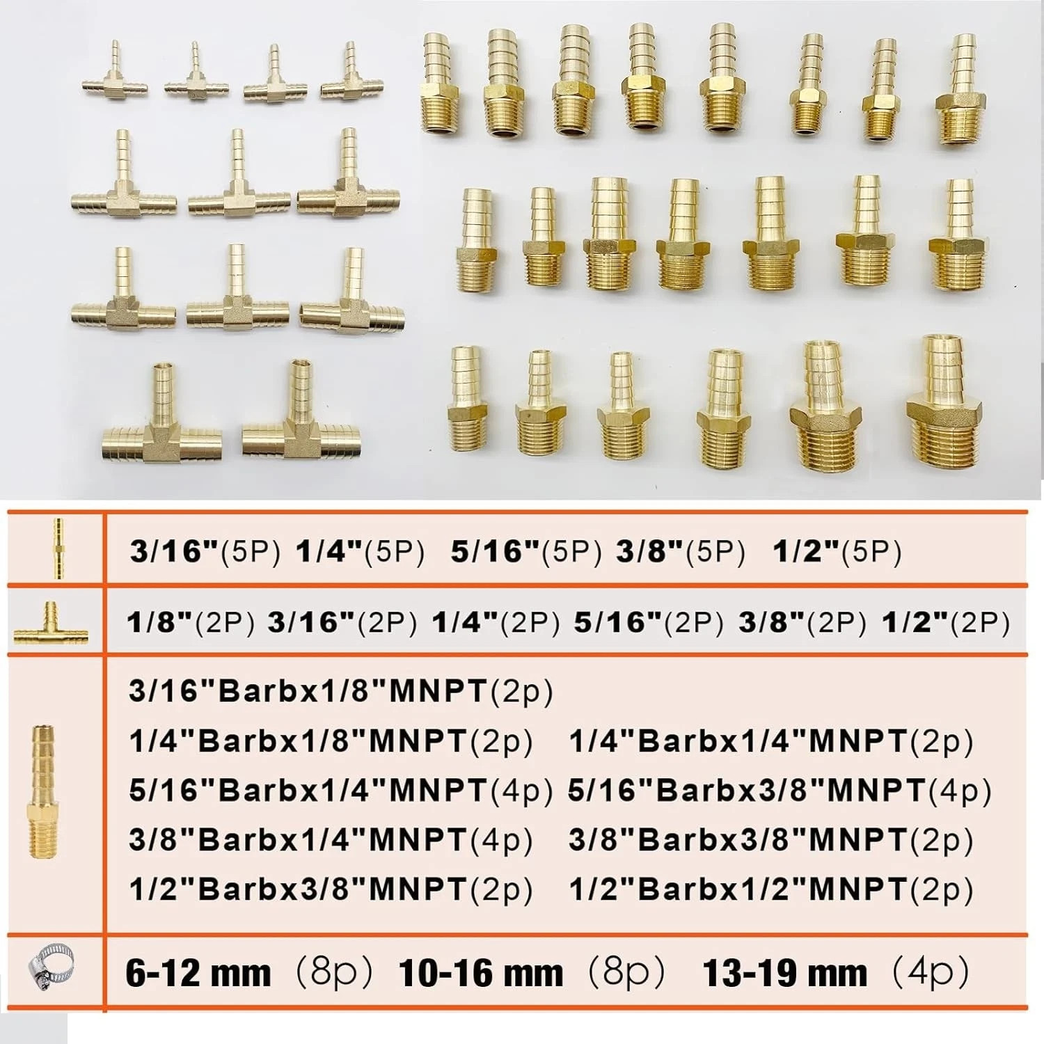 82 Pcs Brass Hose Barb Fittings Assortment Kits 1/8″ 3/16″ 1/4″ 5/16″ 3/8″ 1/2″