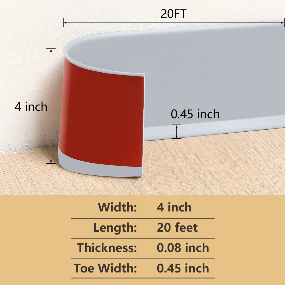 Vinyl Wall Base Baseboard Molding Trim 4″x 20FT Flexible Self Adhesive Gray