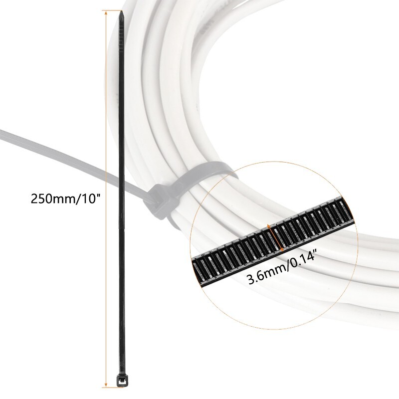 10-inch zipper cable ties, black, suitable for both indoor and outdoor use