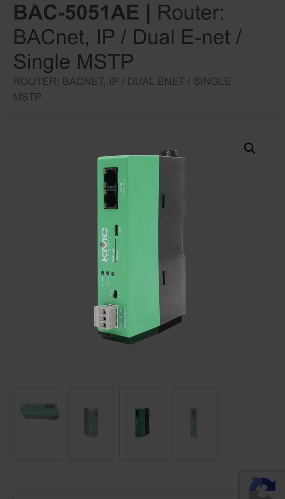 KMC Controls BAC-5051AE BACnet Router IP Dual Ethernet Single MS/TP 24VAC/VDC
