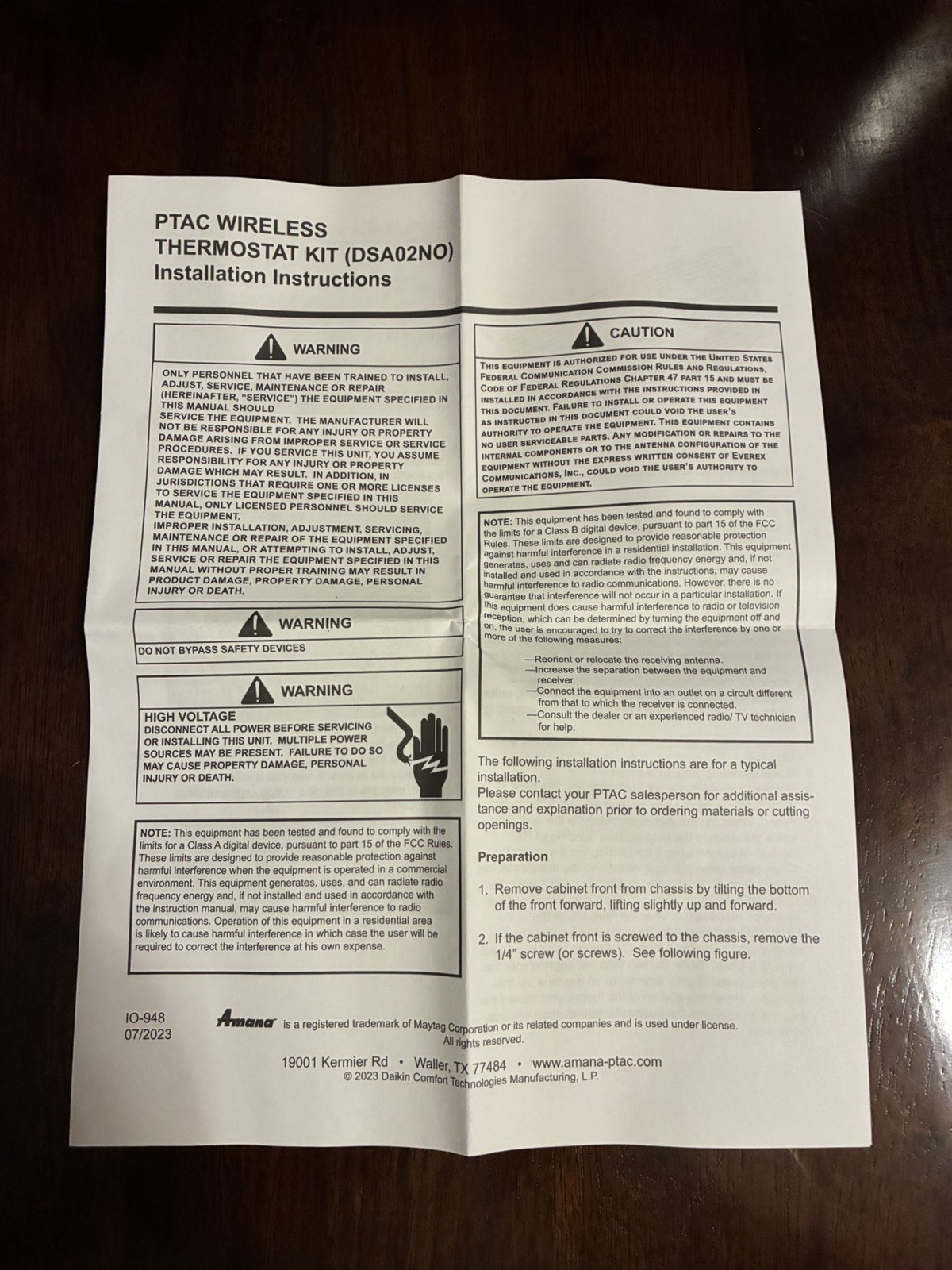 Amana (Goodman) DSA02NO Wireless Thermostat Kit