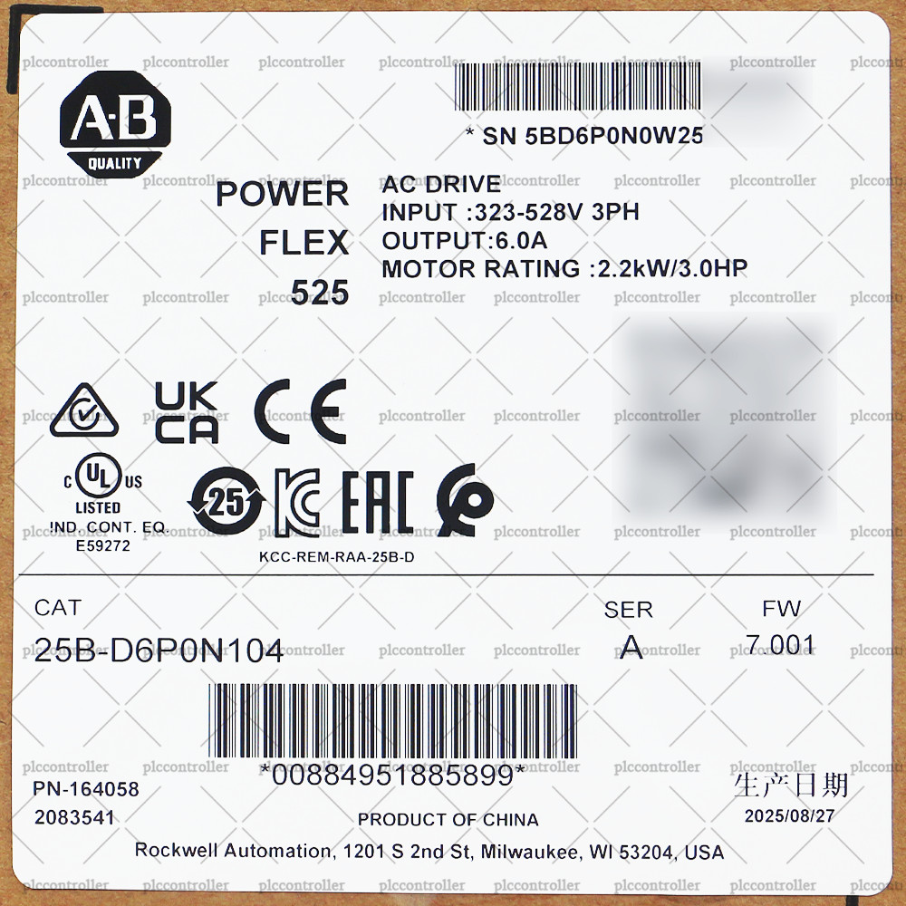 New Sealed Allen Bradley 25B-D6P0N104 PowerFlex 525 2.2kW (3Hp) AC Drive 3 Phase