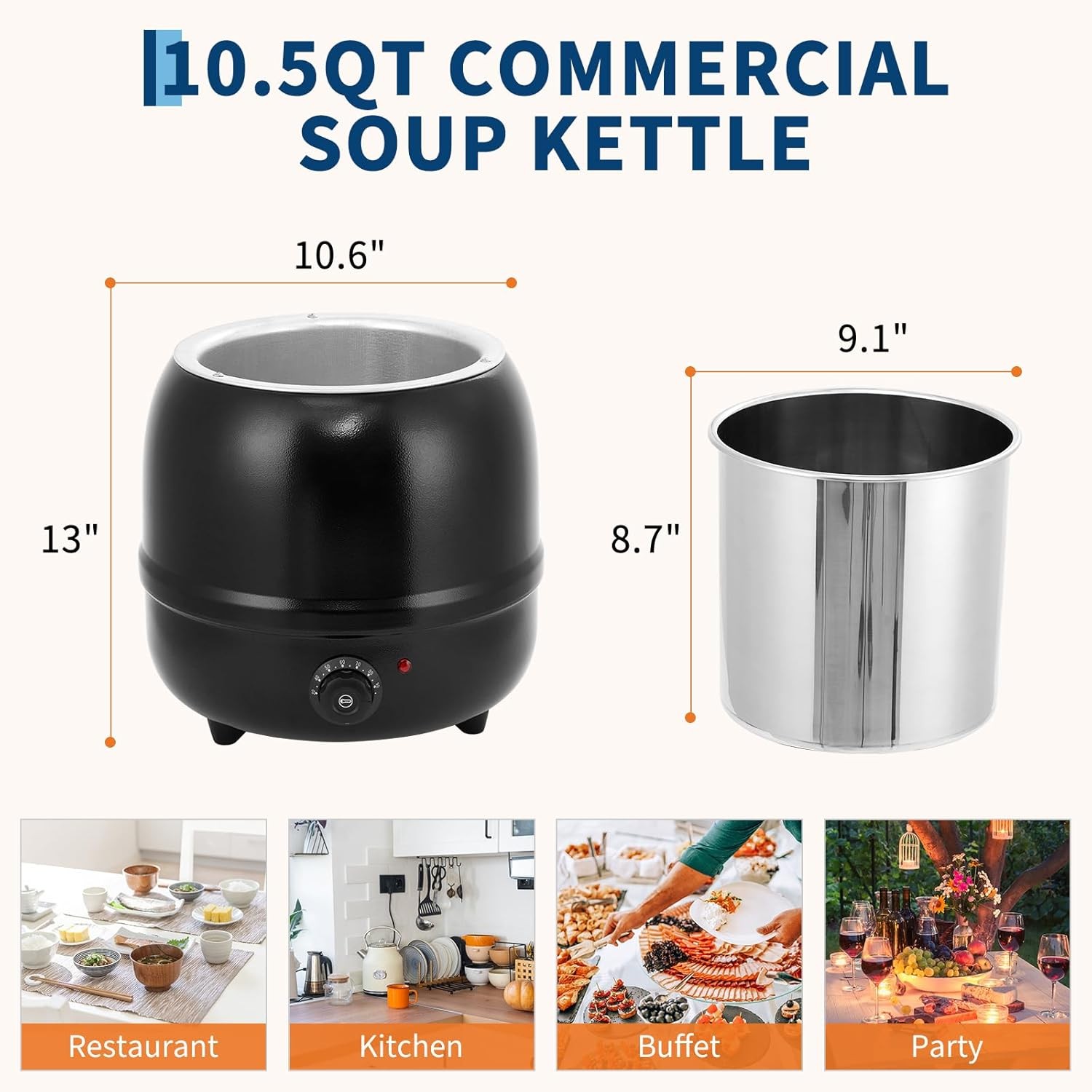10.5Qt Soup Warmer Kettle Detachable Insert Electric Soup Pot Restaurant
