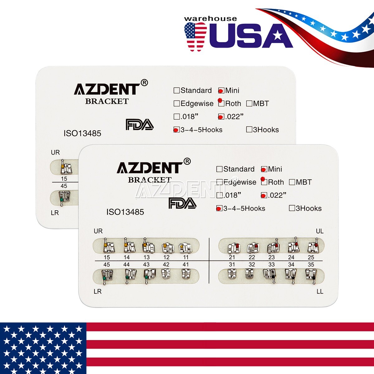 5packs AZDENT Dental Orthodontic Brackets Braces Metal Mini Roth.022 Hooks 345
